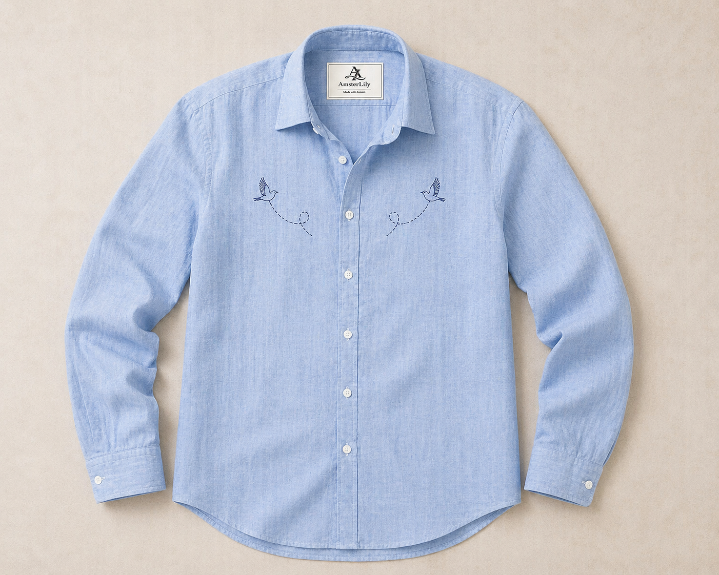 AmsterLily Men’s Linen Shirt with Black Sparrow Embroidery | Regular Fit