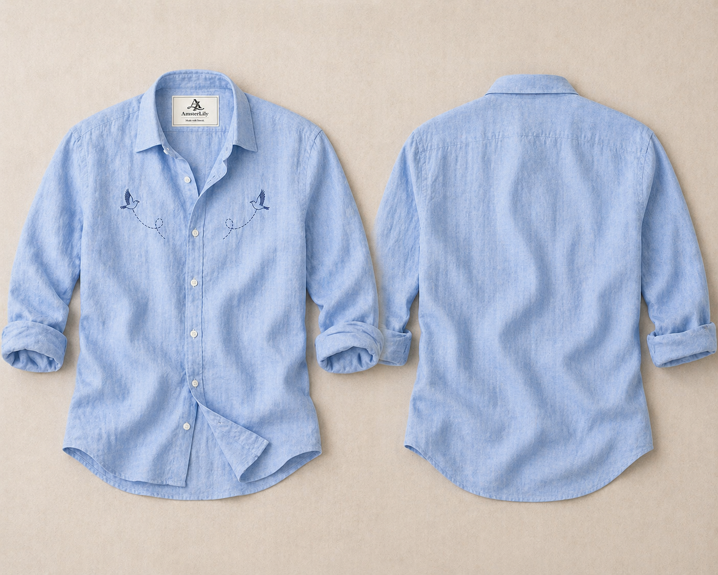 AmsterLily Men’s Linen Shirt with Black Sparrow Embroidery | Regular Fit