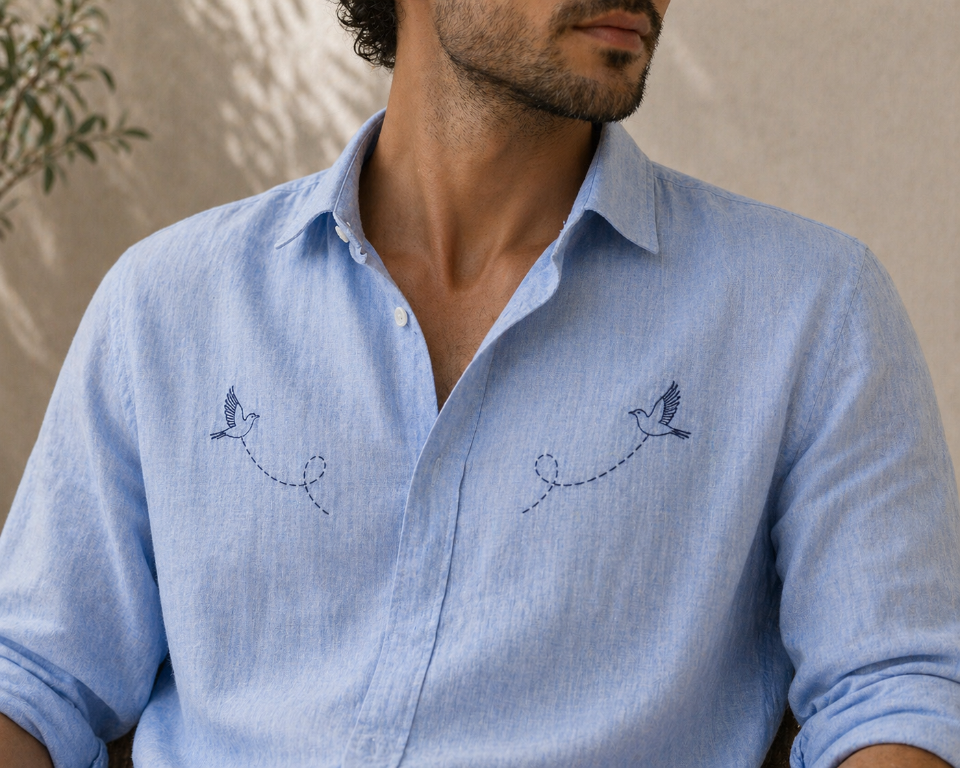 AmsterLily Men’s Linen Shirt with Black Sparrow Embroidery | Regular Fit