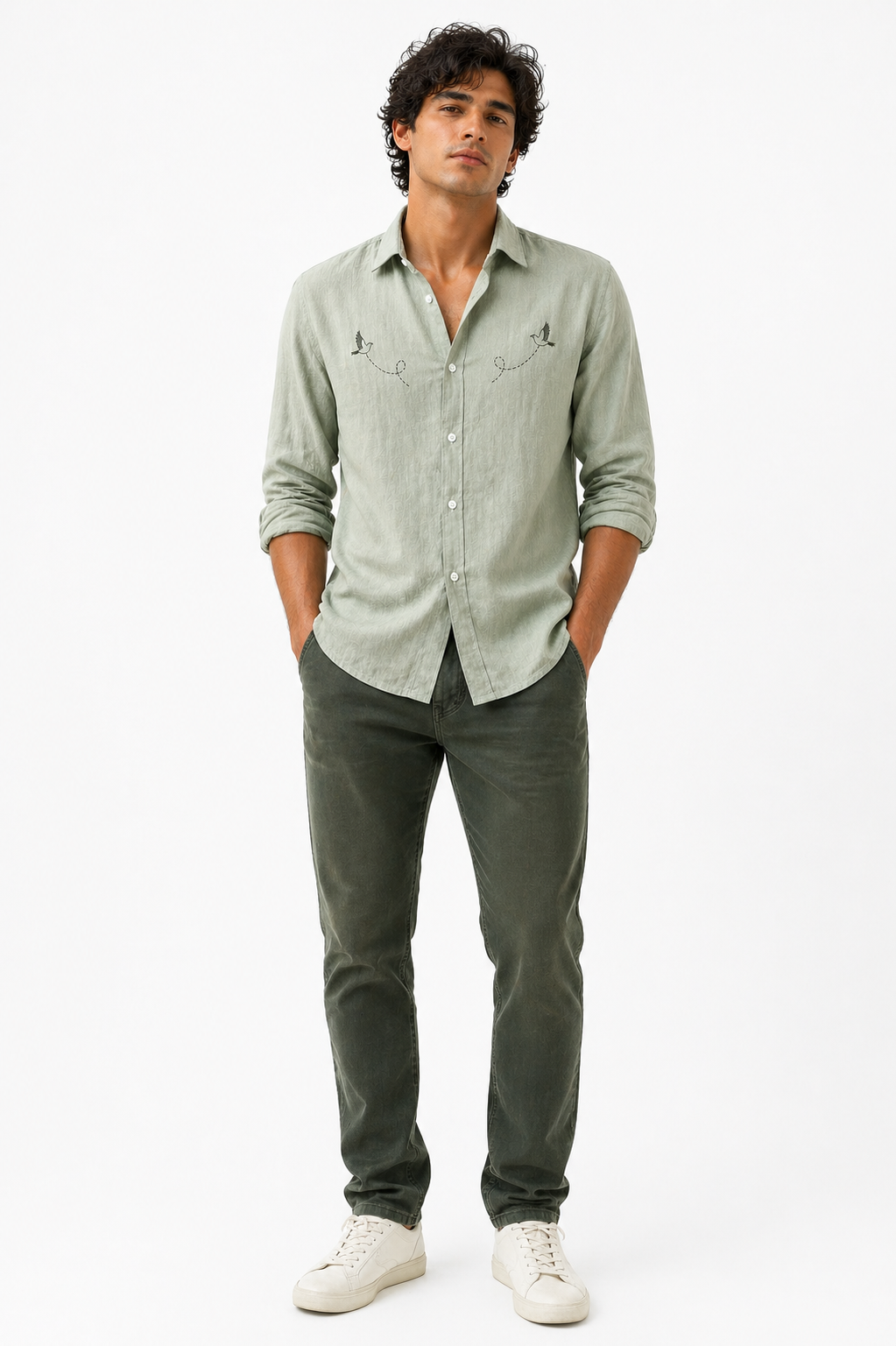 AmsterLily Men’s Linen Shirt with Black Sparrow Embroidery | Regular Fit