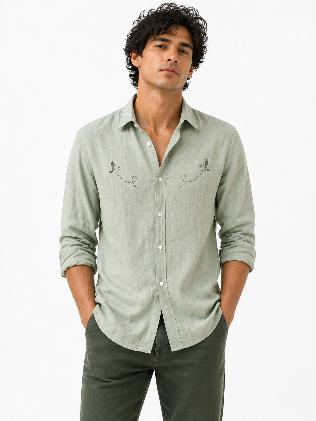 AmsterLily Men’s Linen Shirt with Black Sparrow Embroidery | Regular Fit