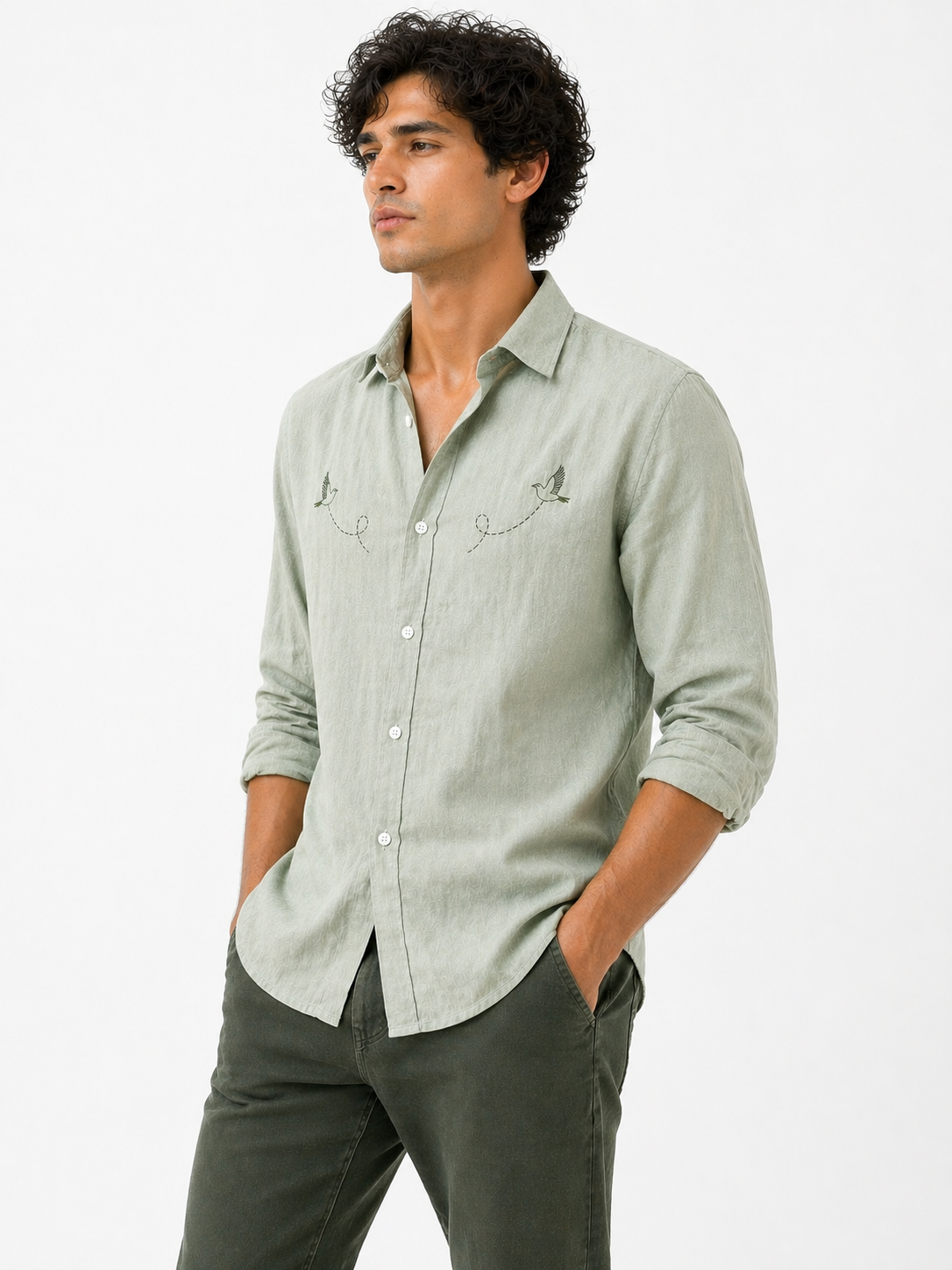 AmsterLily Men’s Linen Shirt with Black Sparrow Embroidery | Regular Fit