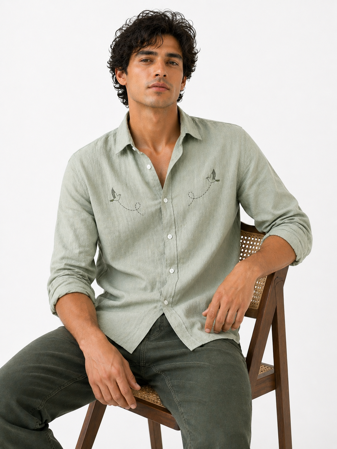 AmsterLily Men’s Linen Shirt with Black Sparrow Embroidery | Regular Fit