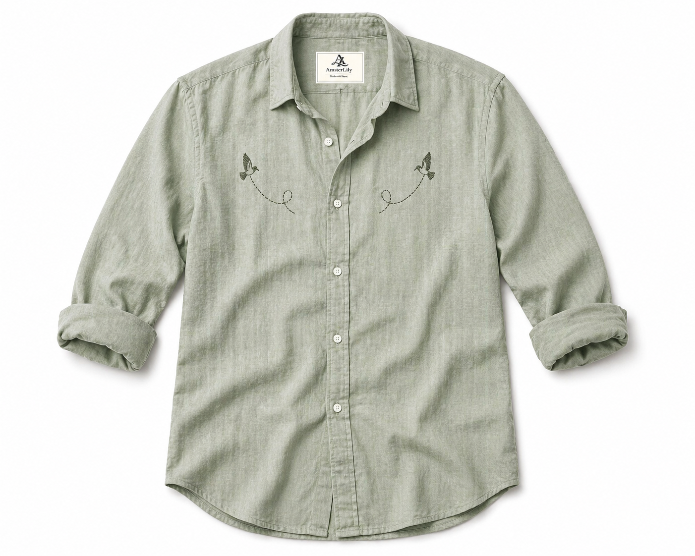 AmsterLily Men’s Linen Shirt with Black Sparrow Embroidery | Regular Fit