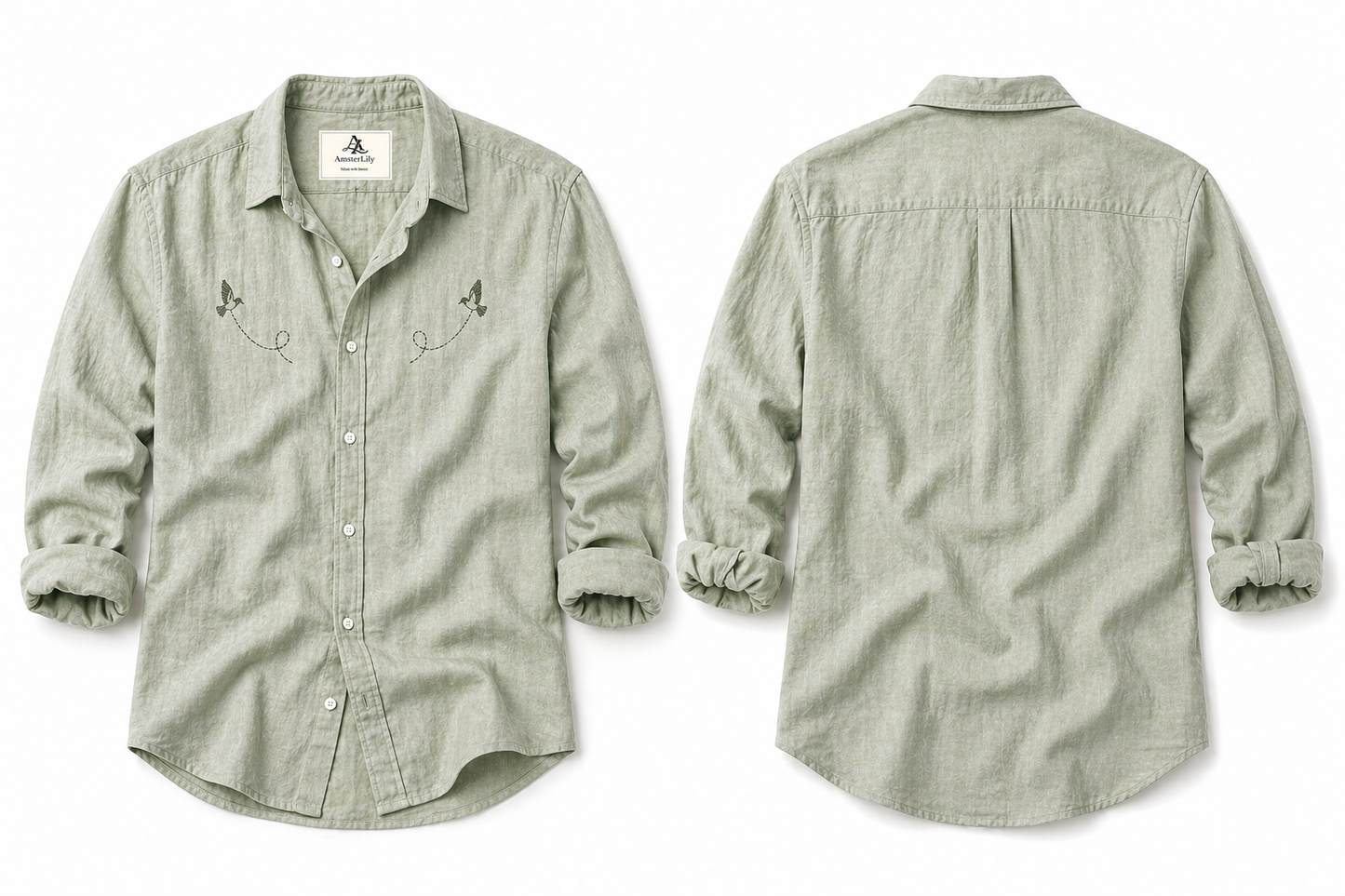 AmsterLily Men’s Linen Shirt with Black Sparrow Embroidery | Regular Fit