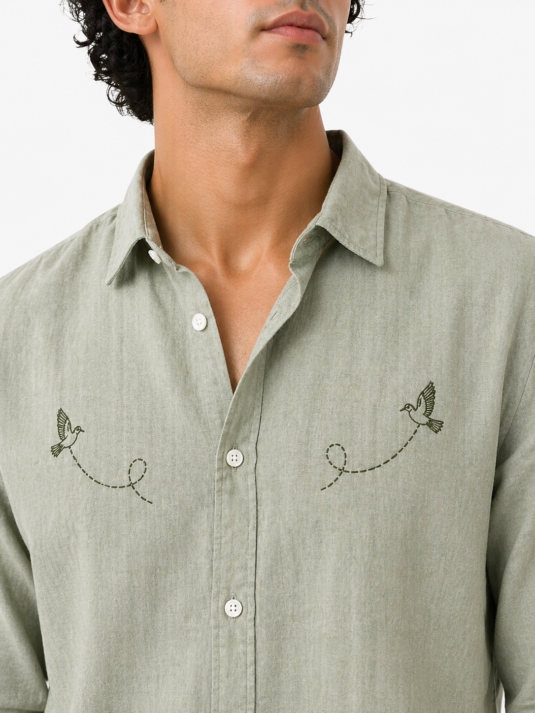 AmsterLily Men’s Linen Shirt with Black Sparrow Embroidery | Regular Fit