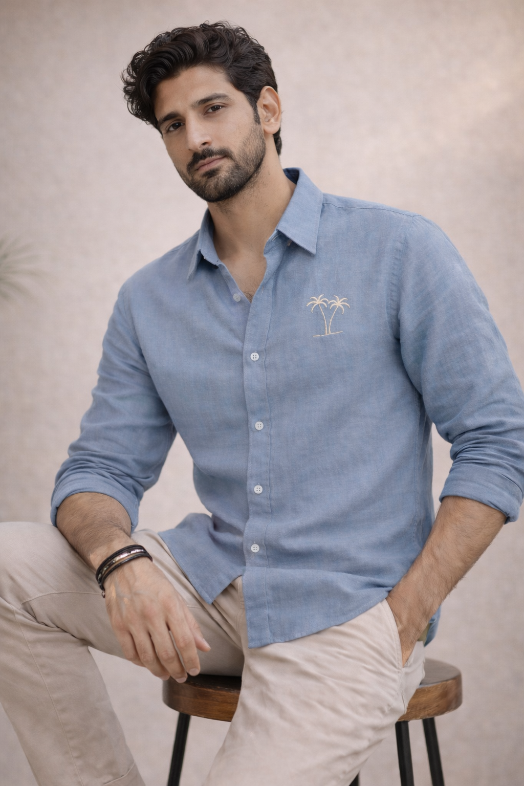 AmsterLily Men’s Linen Shirt with Dual Coconut Tree Embroidery – Regular Fit