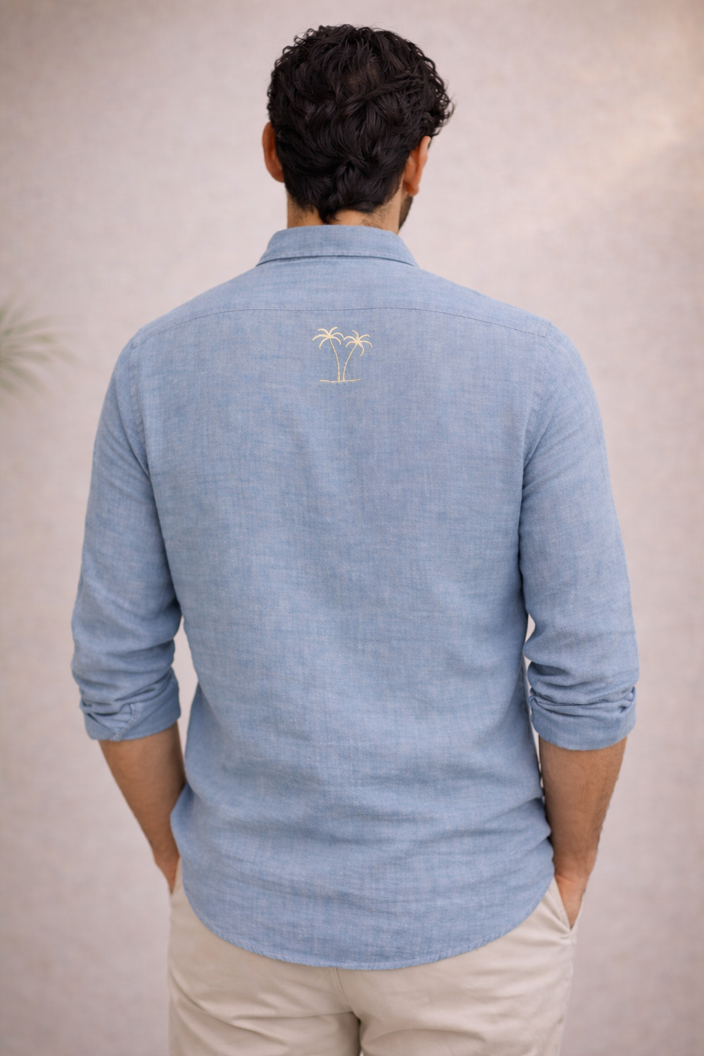 AmsterLily Men’s Linen Shirt with Dual Coconut Tree Embroidery – Regular Fit