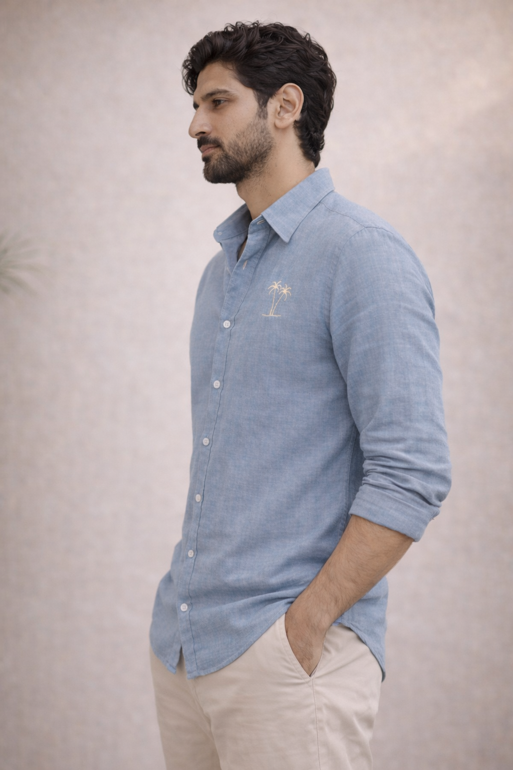 AmsterLily Men’s Linen Shirt with Dual Coconut Tree Embroidery – Regular Fit