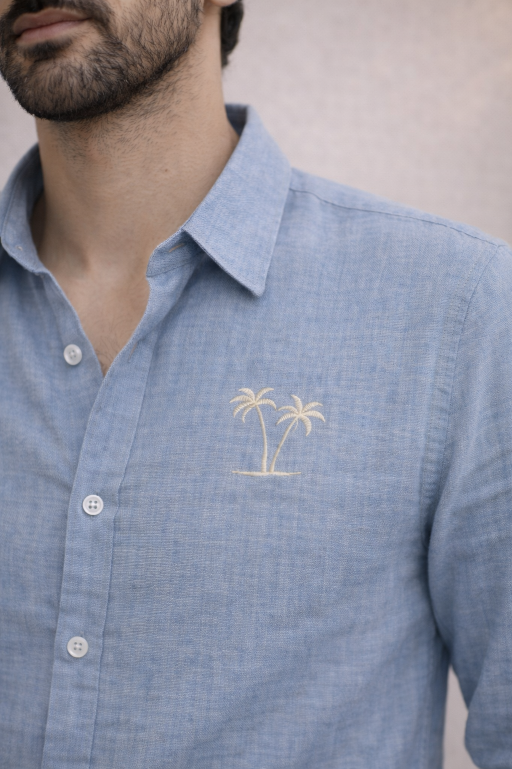 AmsterLily Men’s Linen Shirt with Dual Coconut Tree Embroidery – Regular Fit