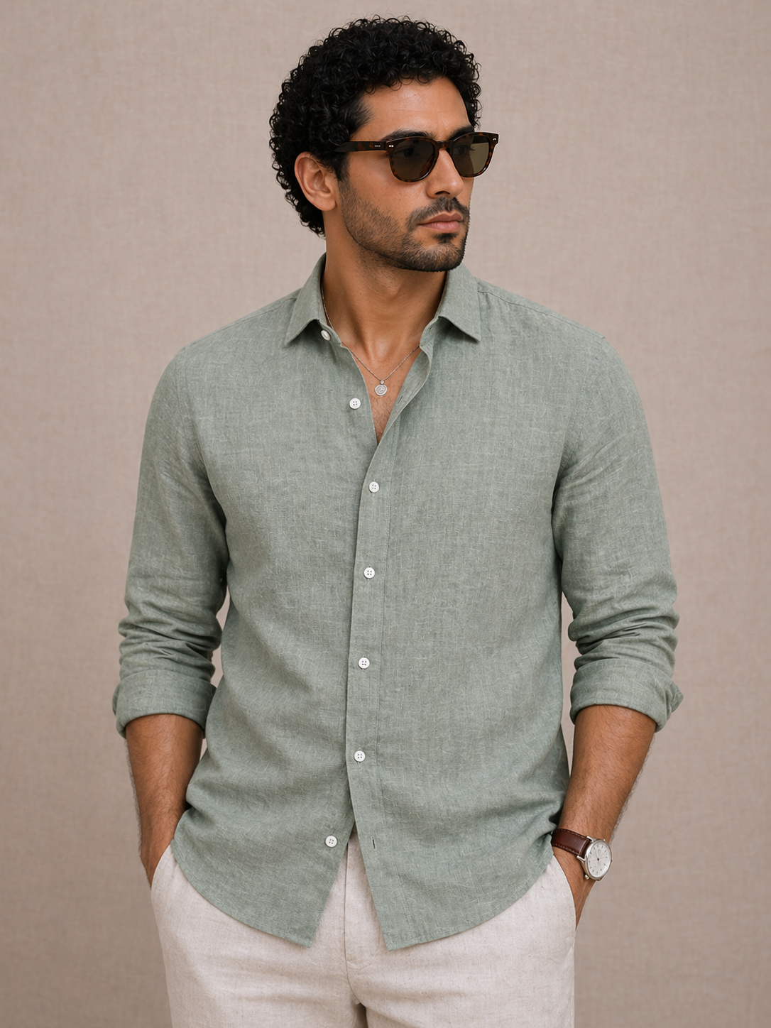 AmsterLily Men’s Plain Linen Shirt – Regular Fit