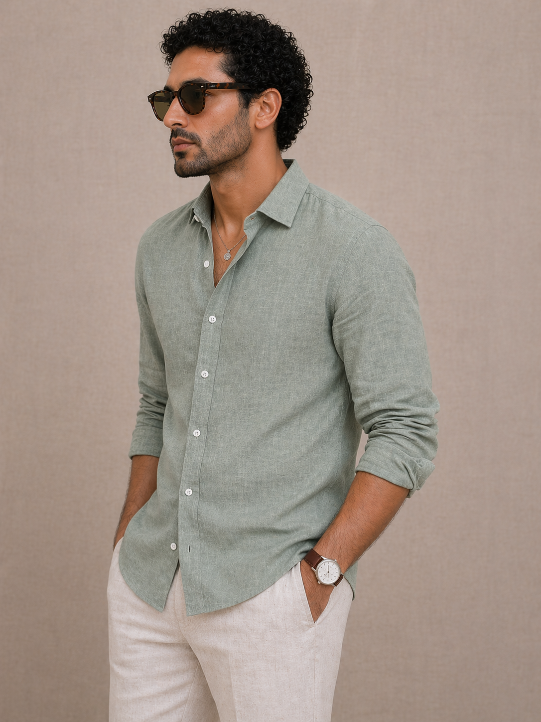AmsterLily Men’s Plain Linen Shirt – Regular Fit