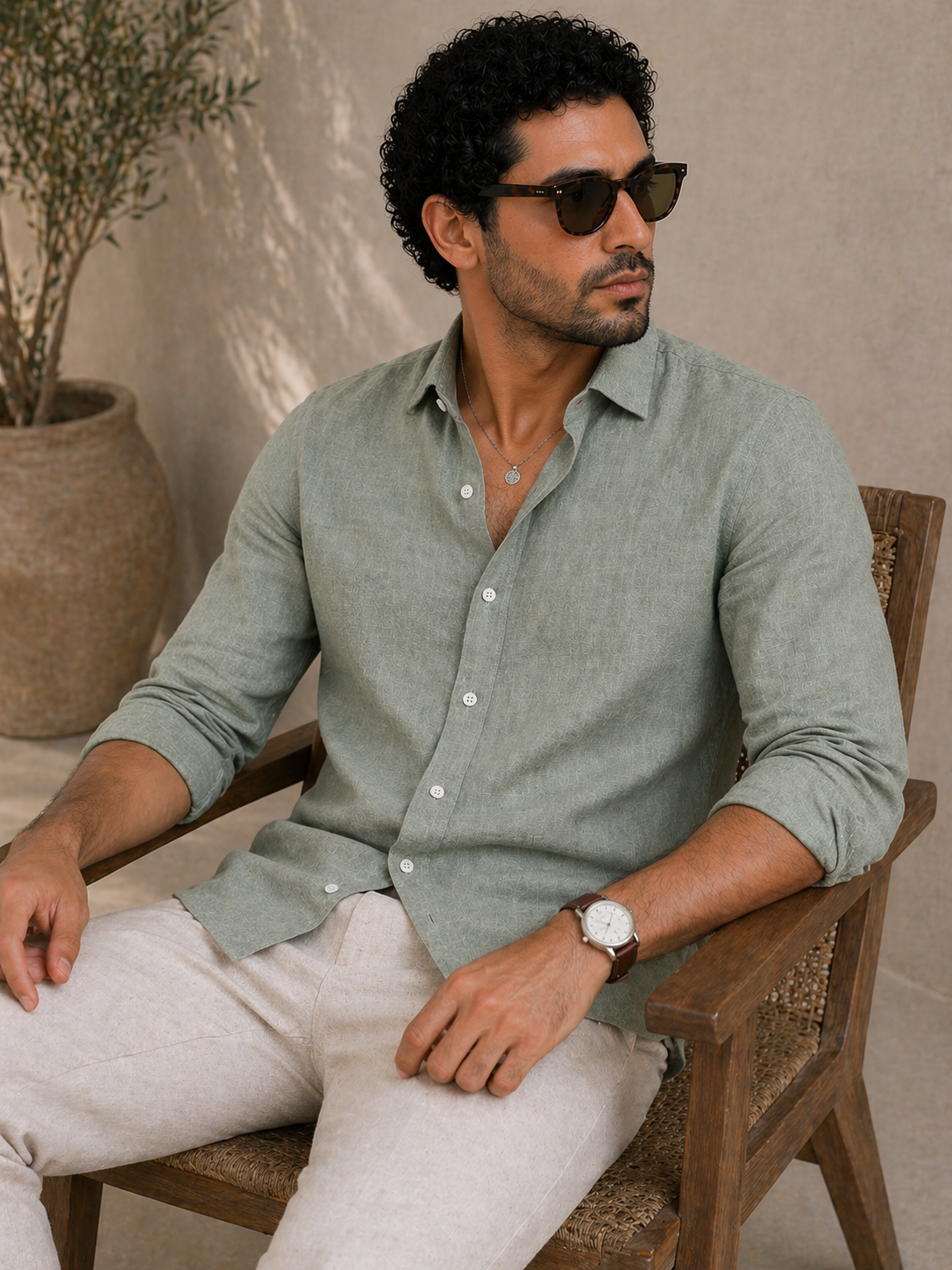 AmsterLily Men’s Plain Linen Shirt – Regular Fit