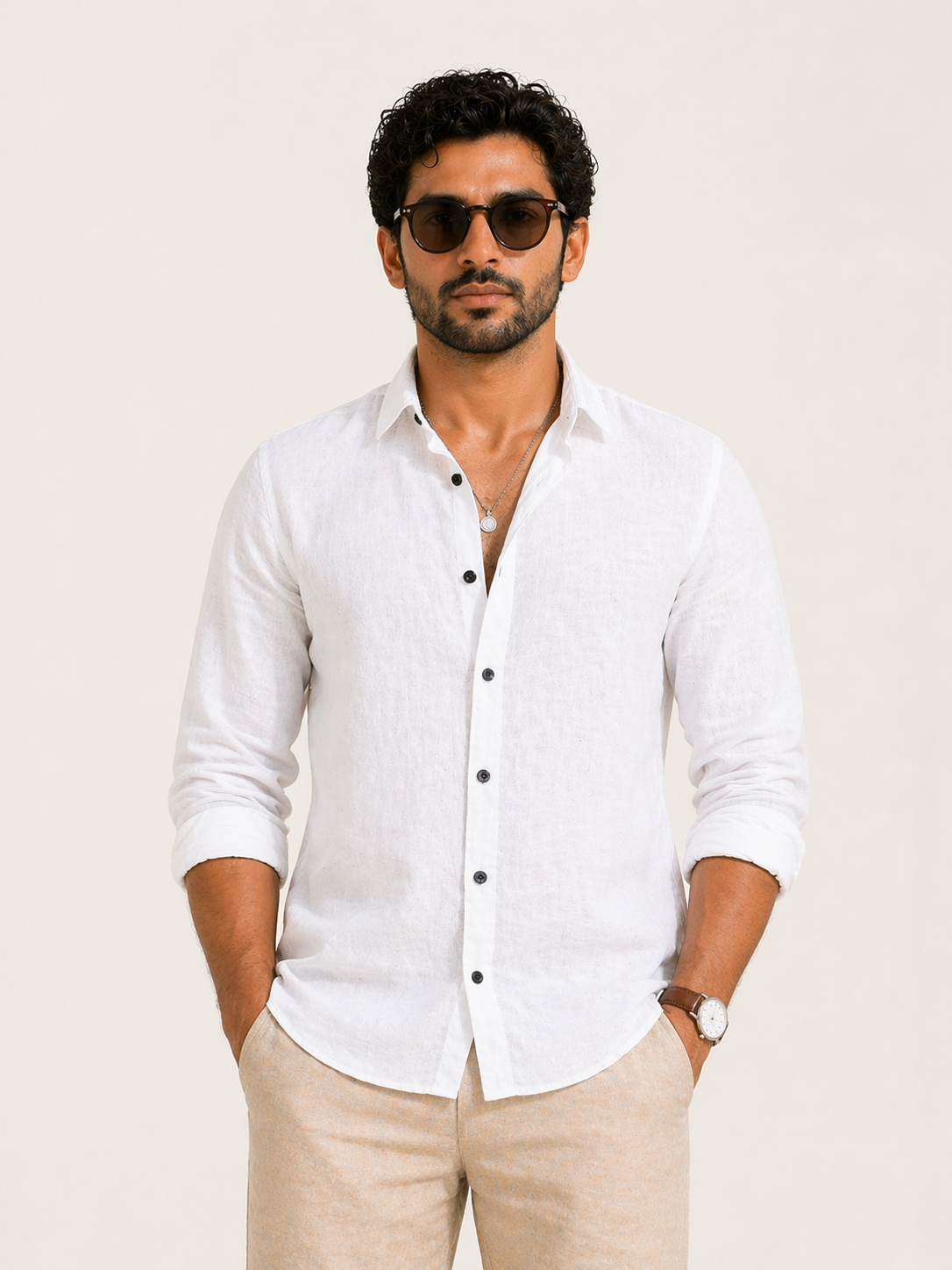 AmsterLily Men’s Plain Linen Shirt – Regular Fit