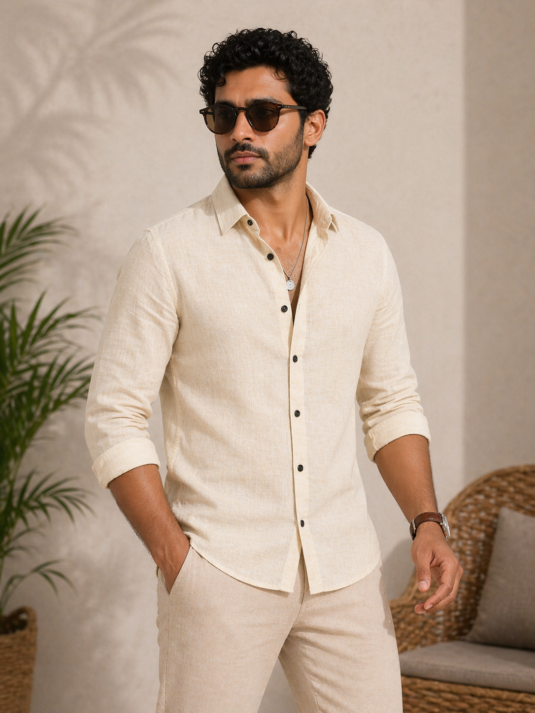 AmsterLily Men’s Plain Linen Shirt – Regular Fit