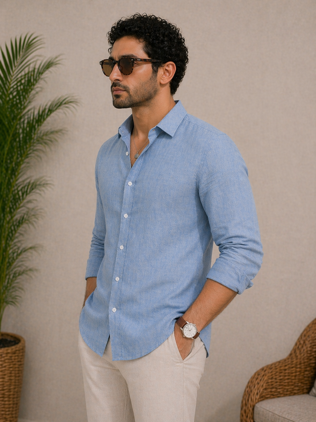 AmsterLily Men’s Plain Linen Shirt – Regular Fit