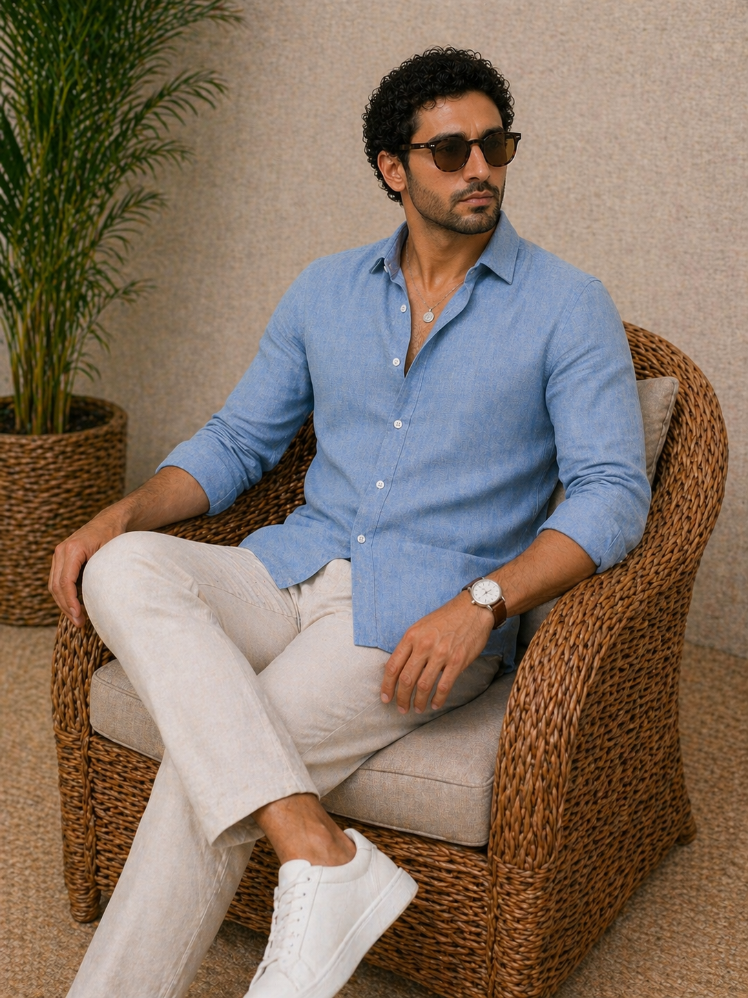 AmsterLily Men’s Plain Linen Shirt – Regular Fit