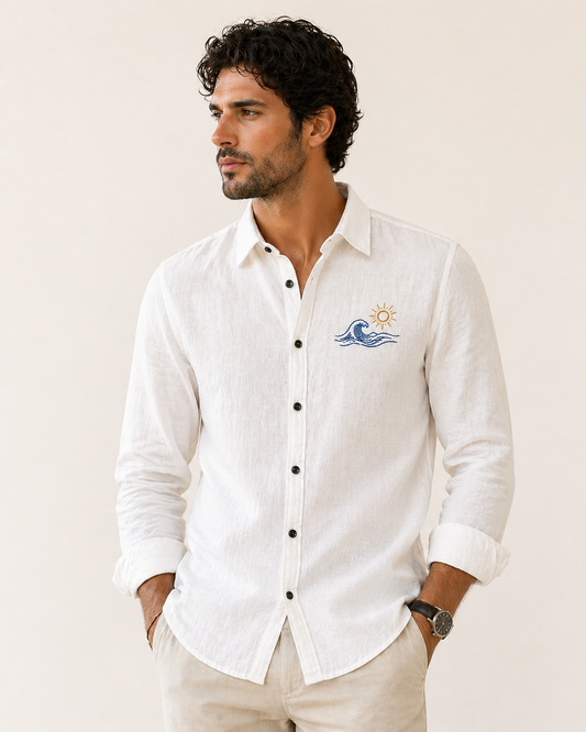 AmsterLily Men’s Linen Shirt with Wave & Sun Embroidery – Regular Fit