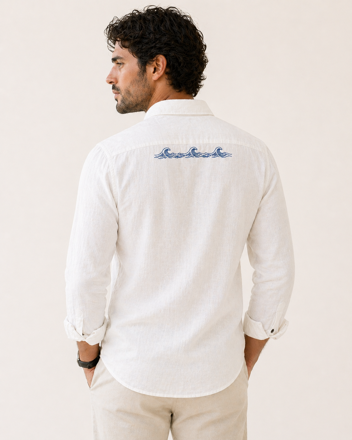 AmsterLily Men’s Linen Shirt with Wave & Sun Embroidery – Regular Fit