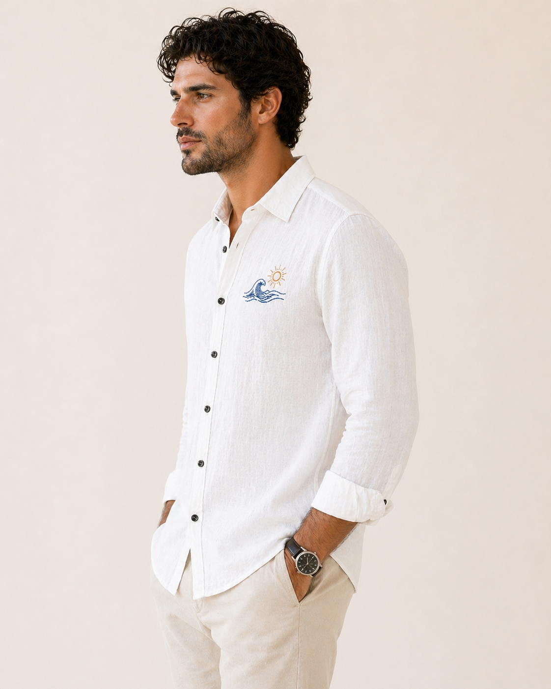AmsterLily Men’s Linen Shirt with Wave & Sun Embroidery – Regular Fit