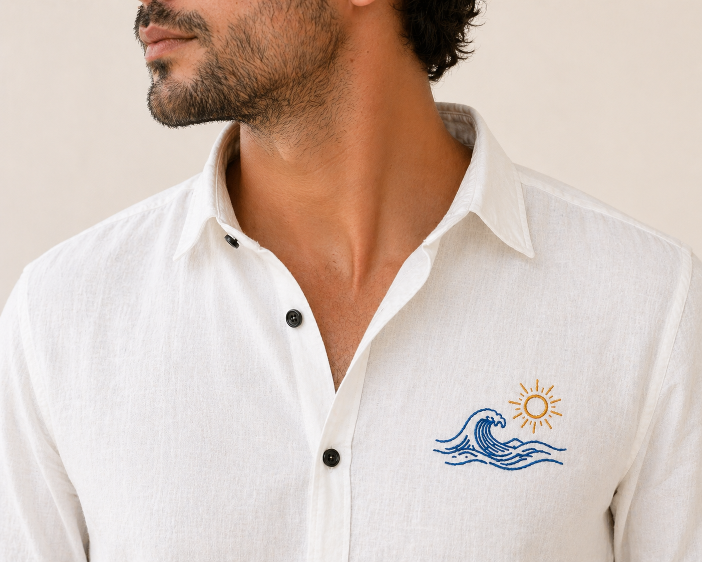 AmsterLily Men’s Linen Shirt with Wave & Sun Embroidery – Regular Fit