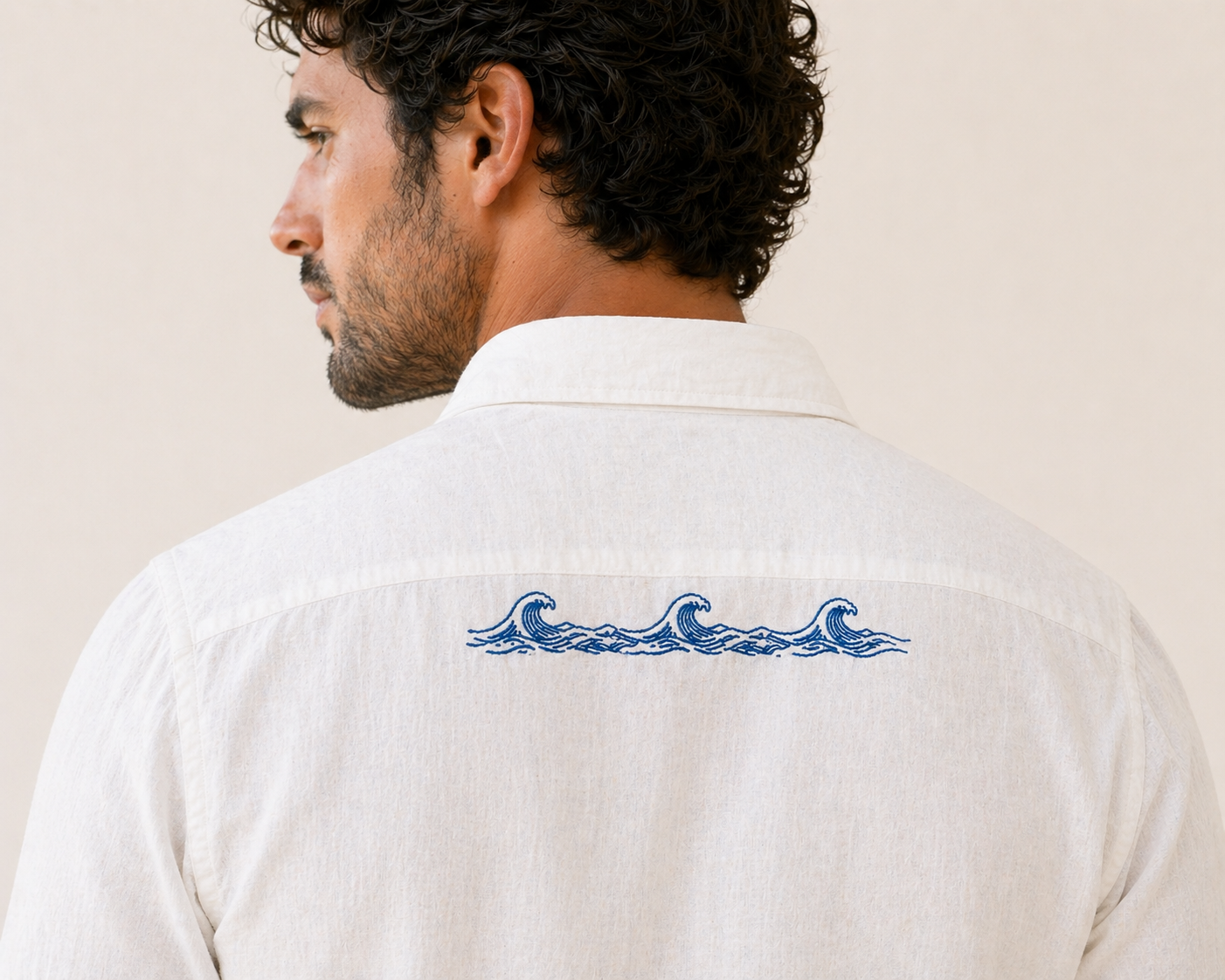 AmsterLily Men’s Linen Shirt with Wave & Sun Embroidery – Regular Fit