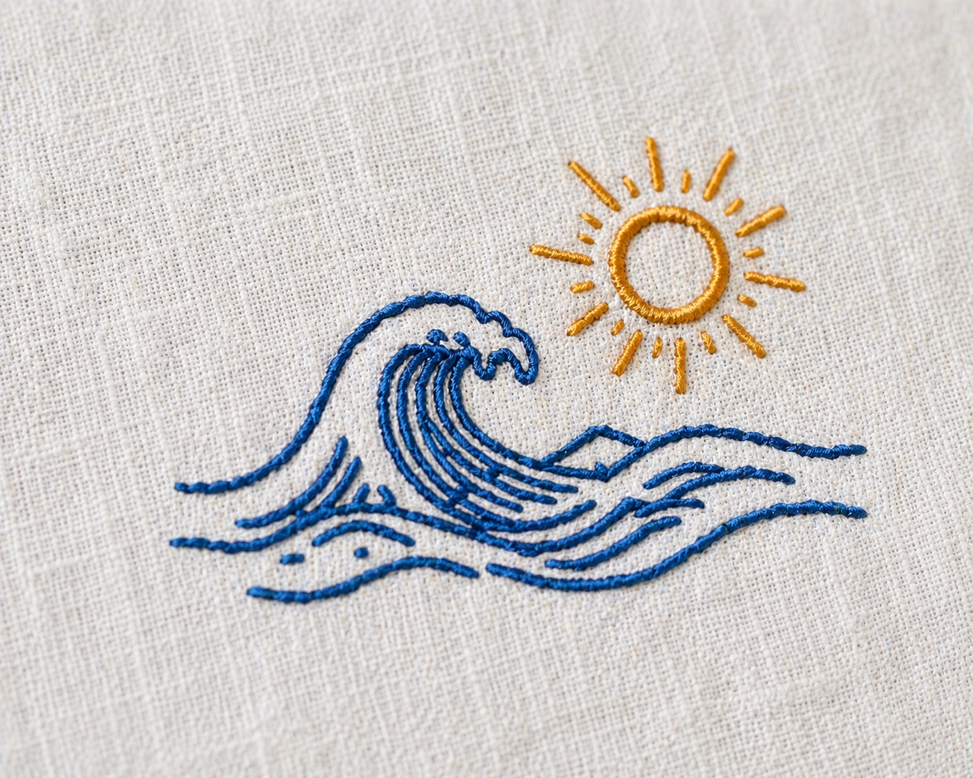 AmsterLily Men’s Linen Shirt with Wave & Sun Embroidery – Regular Fit