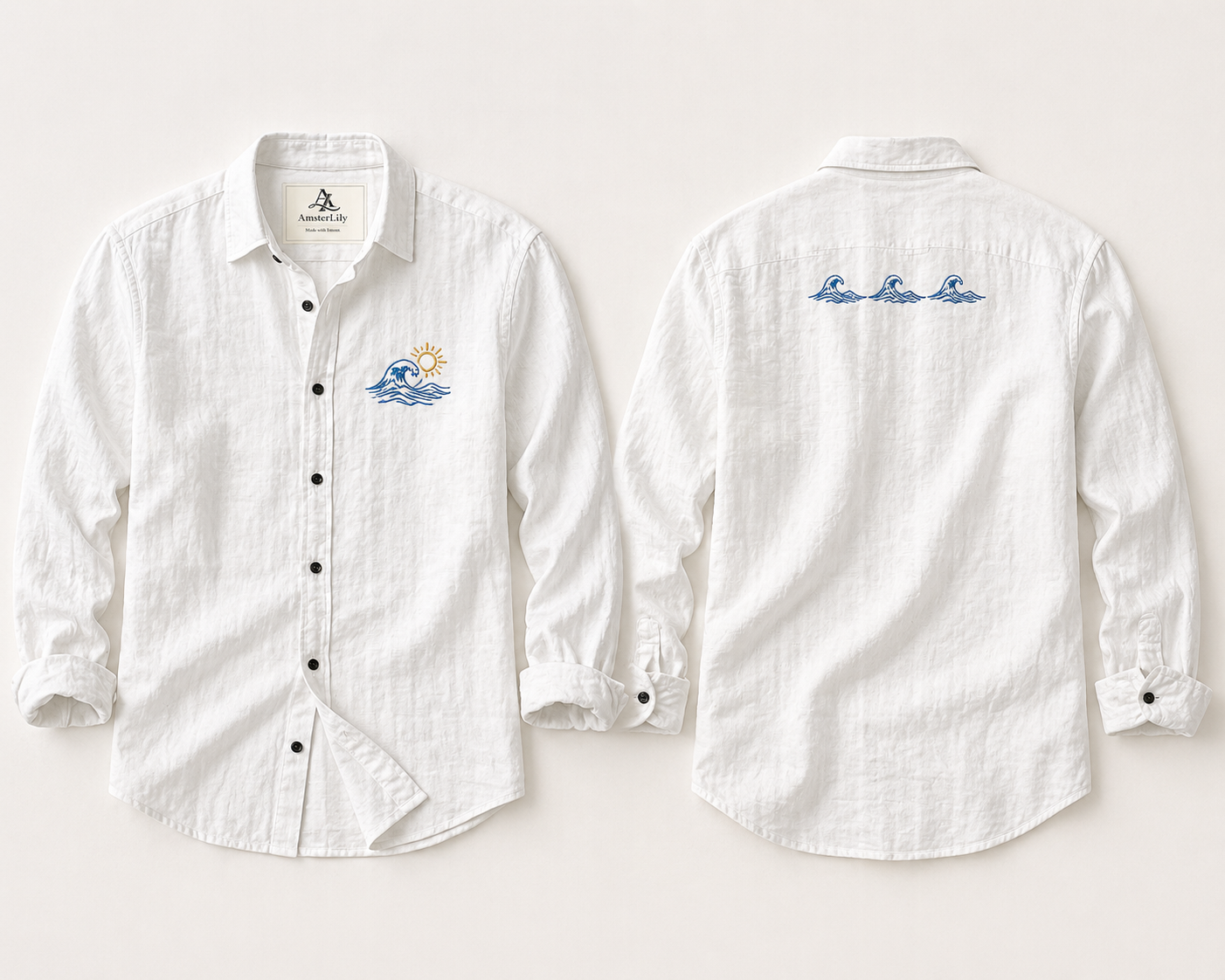 AmsterLily Men’s Linen Shirt with Wave & Sun Embroidery – Regular Fit