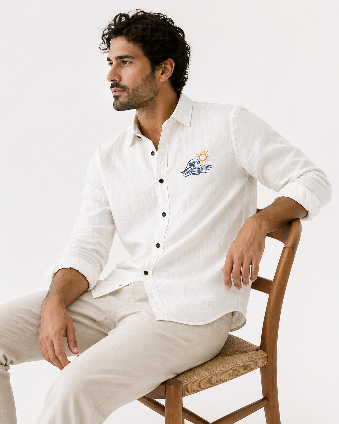 AmsterLily Men’s Linen Shirt with Wave & Sun Embroidery – Regular Fit