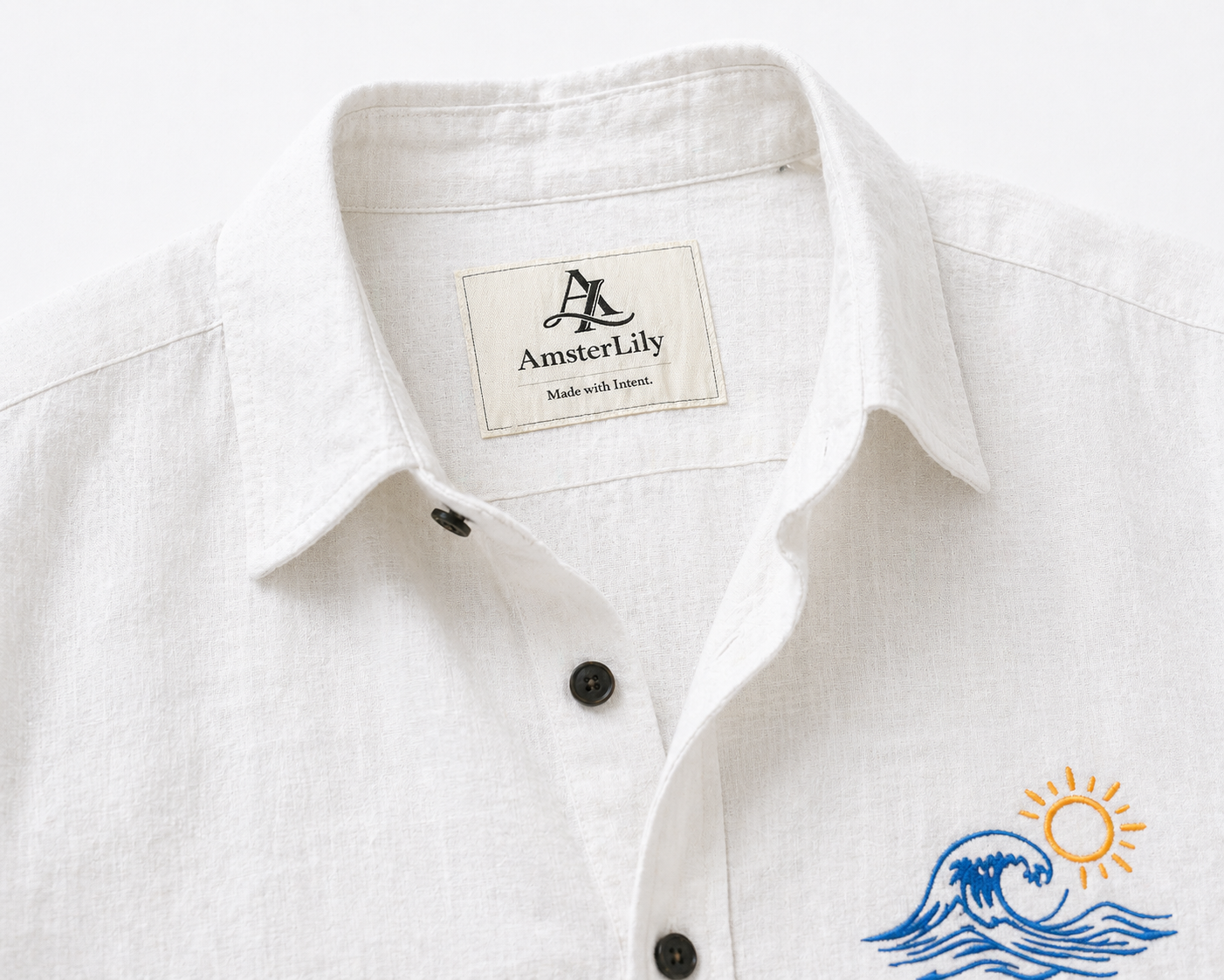 AmsterLily Men’s Linen Shirt with Wave & Sun Embroidery – Regular Fit