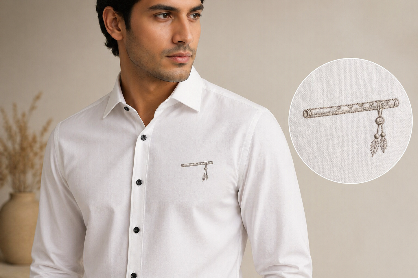 AmsterLily Men’s Linen Shirt with Flute Embroidery – Regular Fit