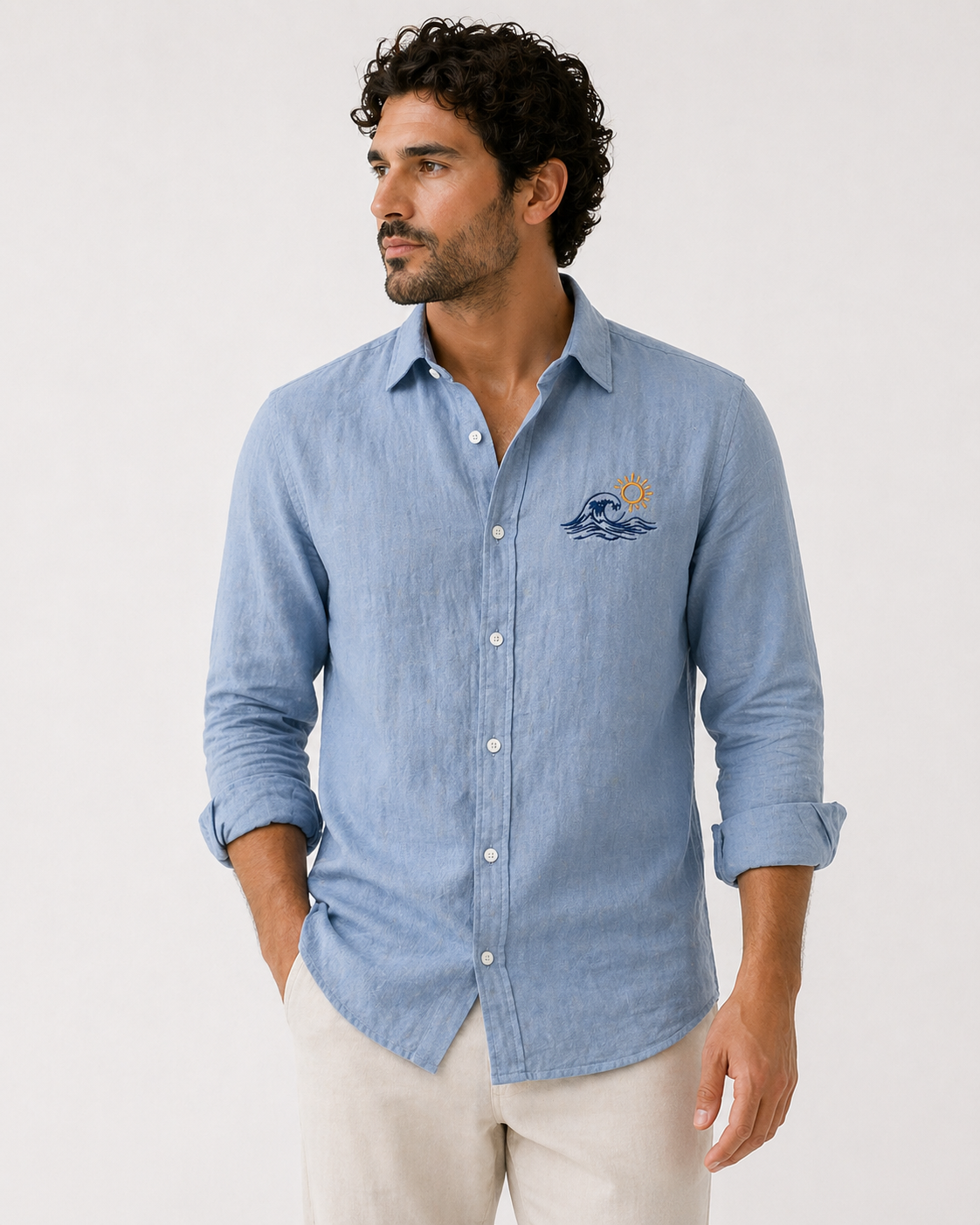 AmsterLily Men’s Linen Shirt with Wave & Sun Embroidery – Regular Fit