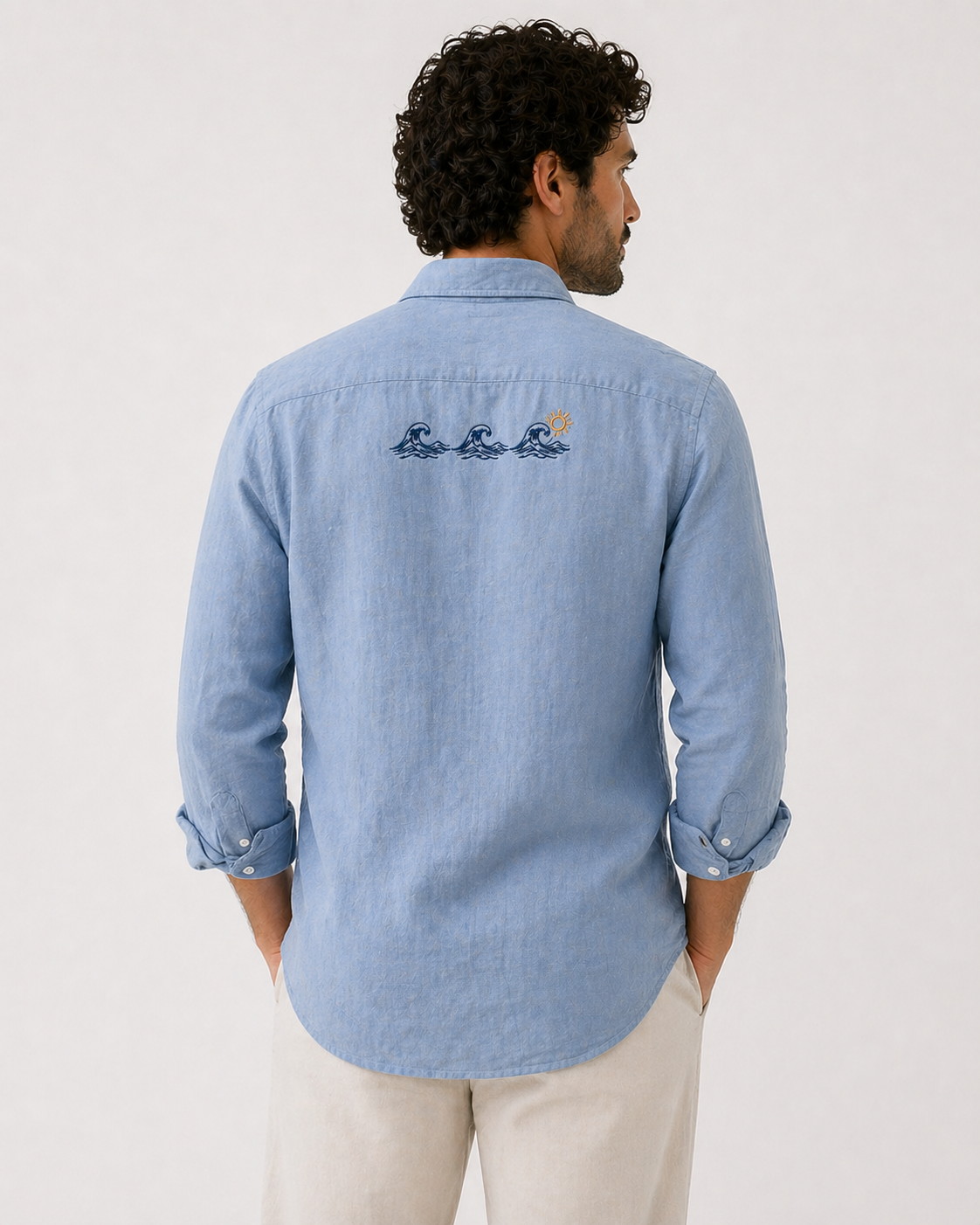 AmsterLily Men’s Linen Shirt with Wave & Sun Embroidery – Regular Fit