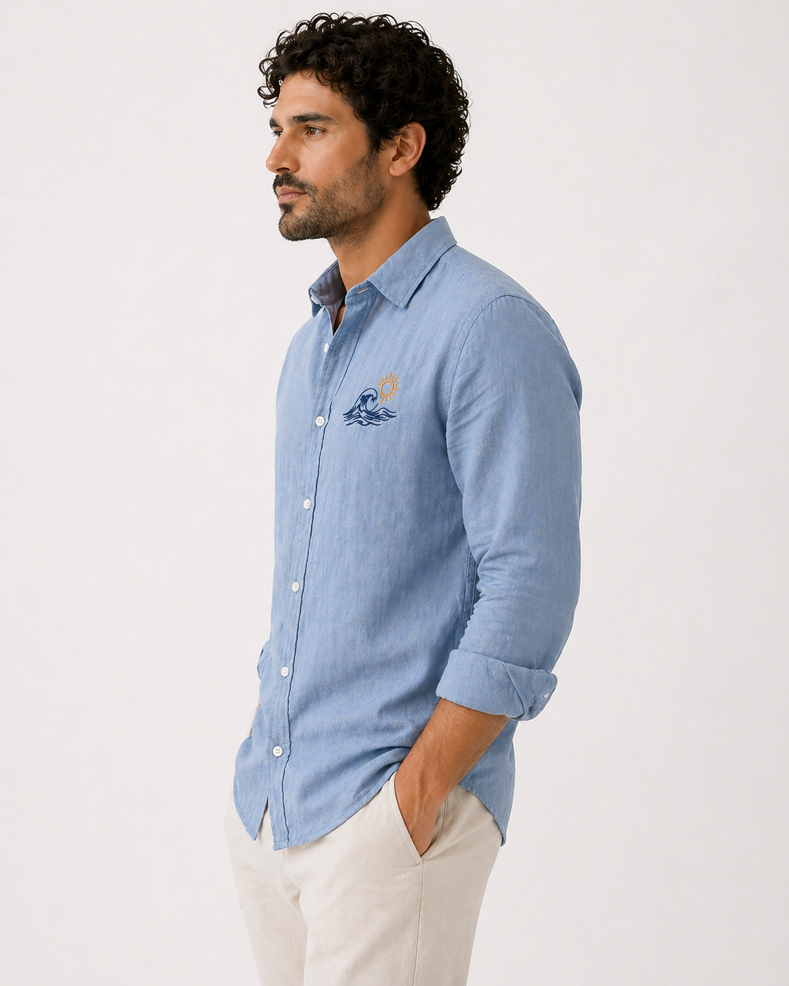 AmsterLily Men’s Linen Shirt with Wave & Sun Embroidery – Regular Fit