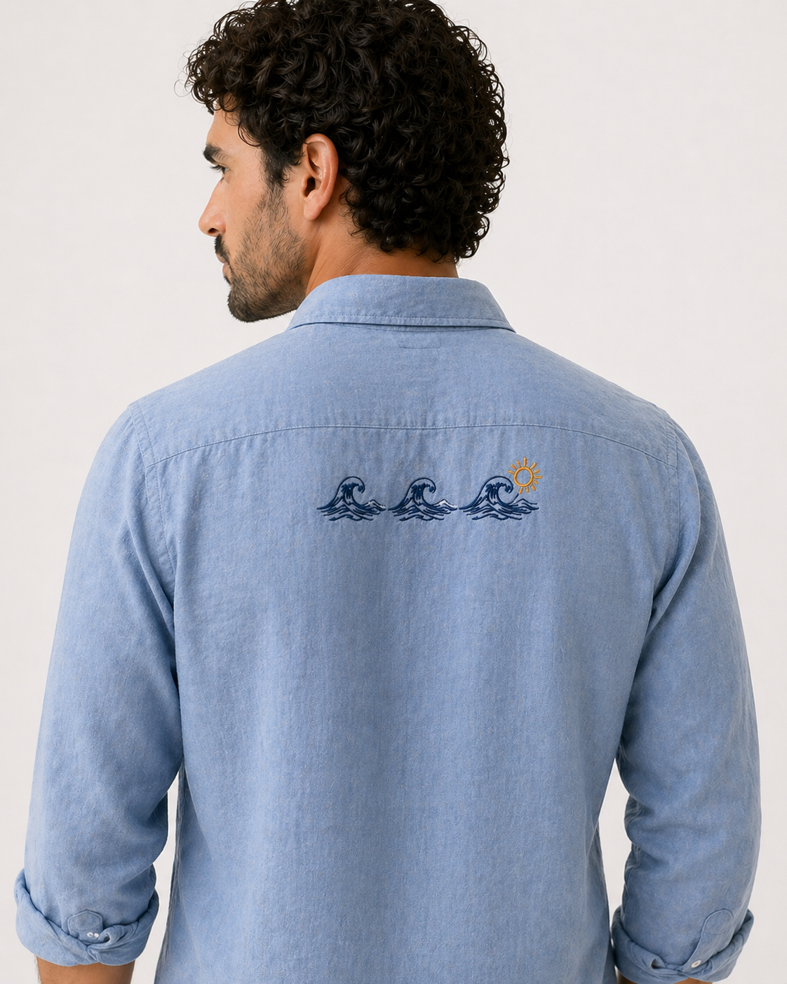 AmsterLily Men’s Linen Shirt with Wave & Sun Embroidery – Regular Fit