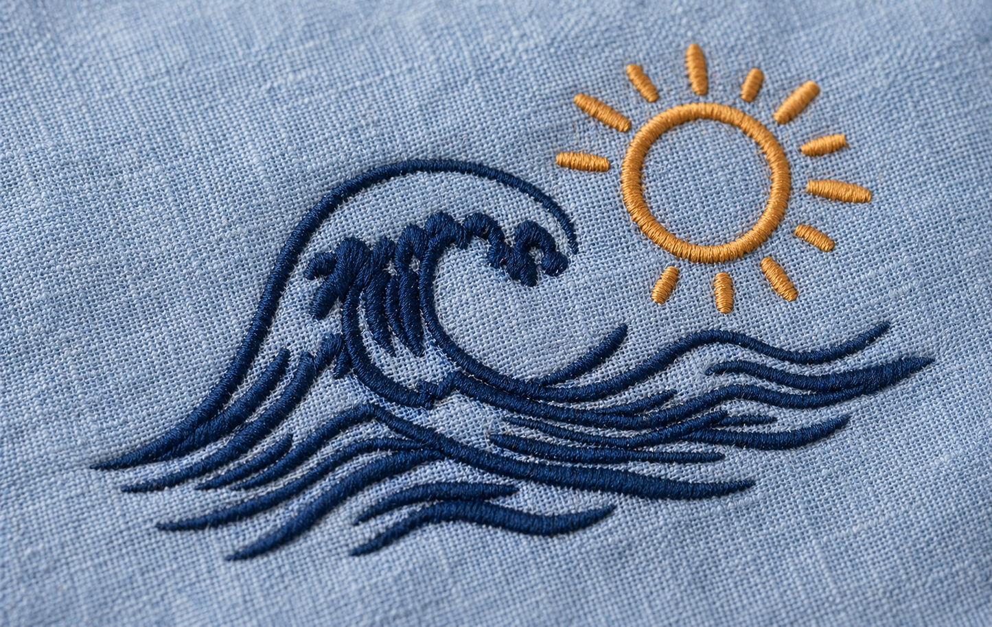 AmsterLily Men’s Linen Shirt with Wave & Sun Embroidery – Regular Fit