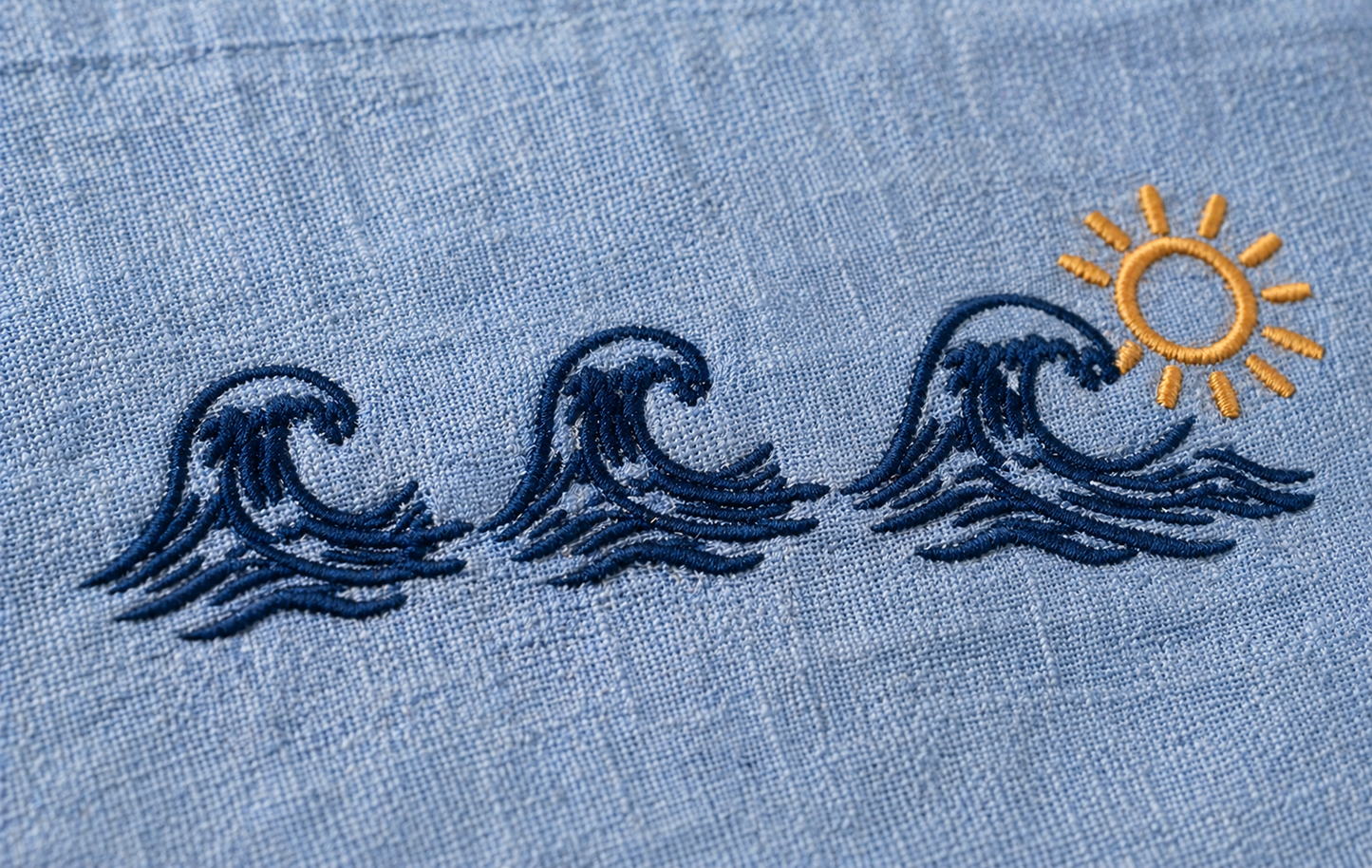 AmsterLily Men’s Linen Shirt with Wave & Sun Embroidery – Regular Fit