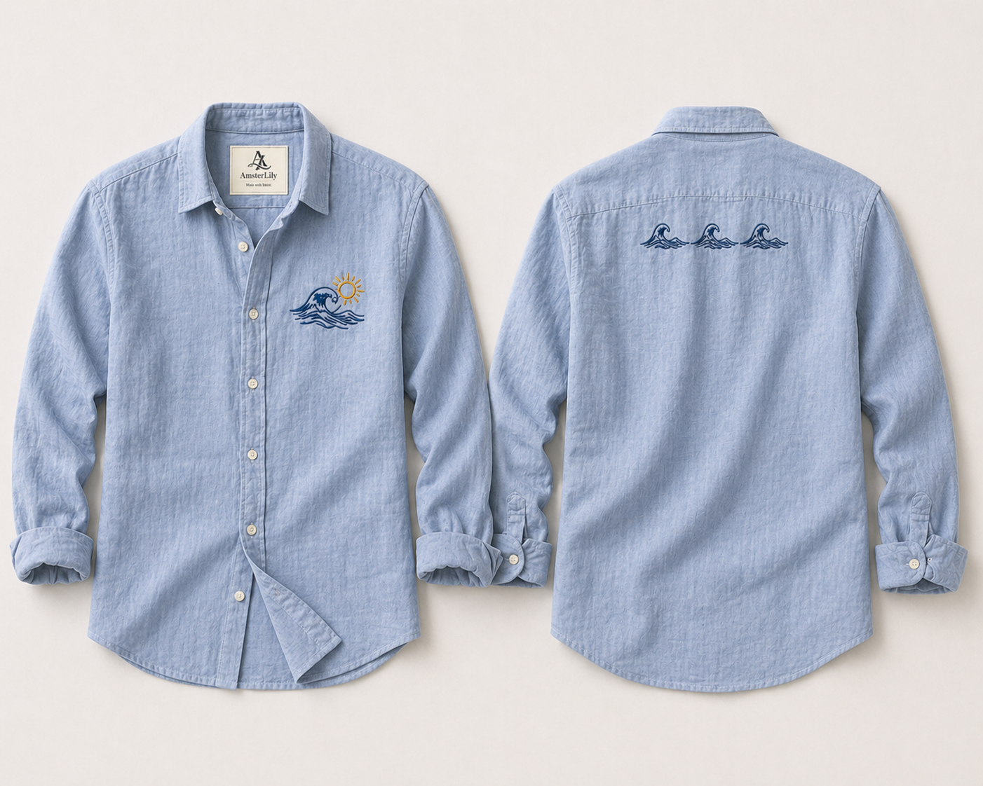 AmsterLily Men’s Linen Shirt with Wave & Sun Embroidery – Regular Fit