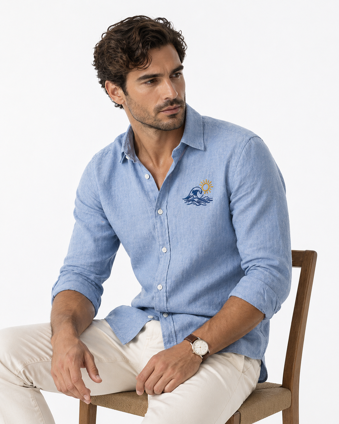 AmsterLily Men’s Linen Shirt with Wave & Sun Embroidery – Regular Fit