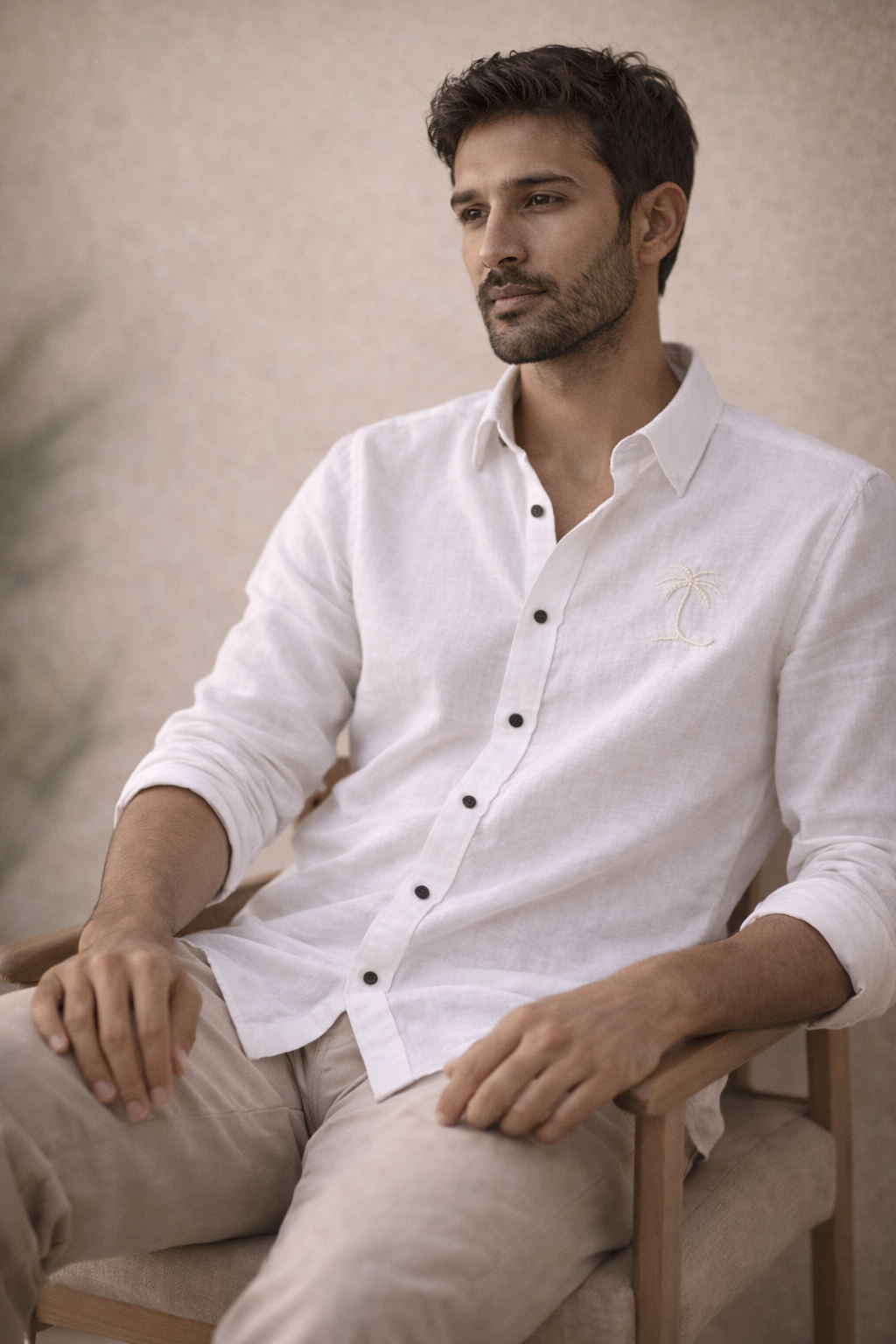 AmsterLily Men’s Linen Shirt with Coconut Tree Embroidery – Regular Fit