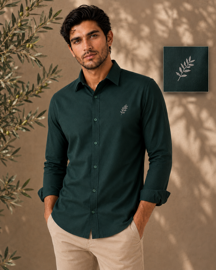 AmsterLily Men's Dark Green Cotton Shirt with Olive Branch Embroidery
