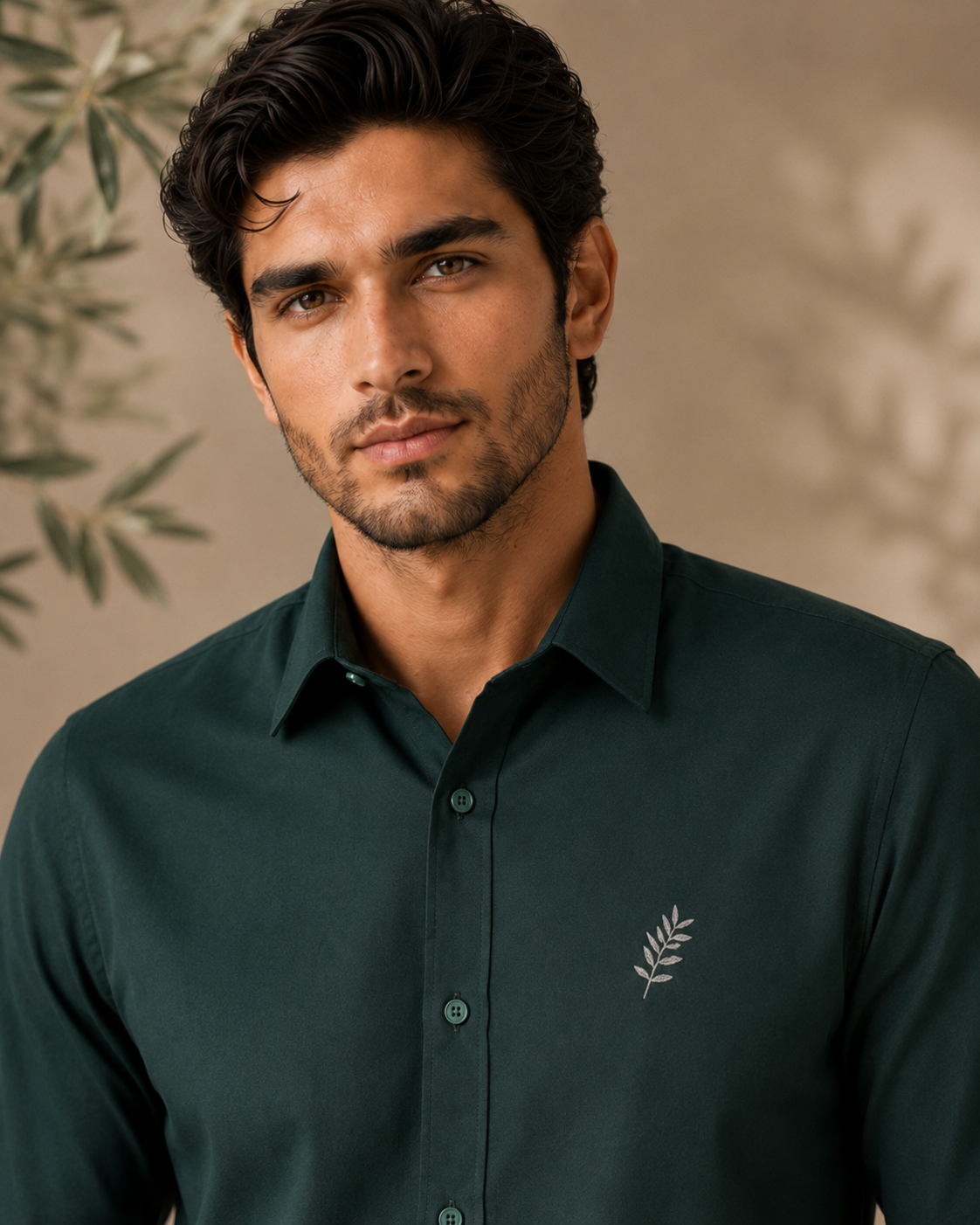AmsterLily Men's Dark Green Cotton Shirt with Olive Branch Embroidery