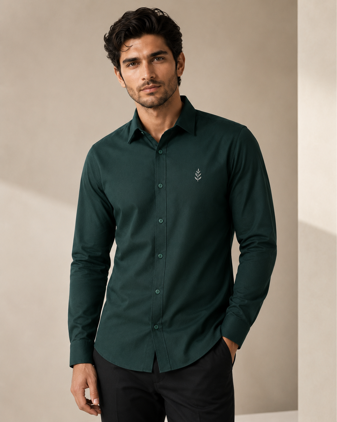 AmsterLily Men's Dark Green Cotton Shirt with Olive Branch Embroidery