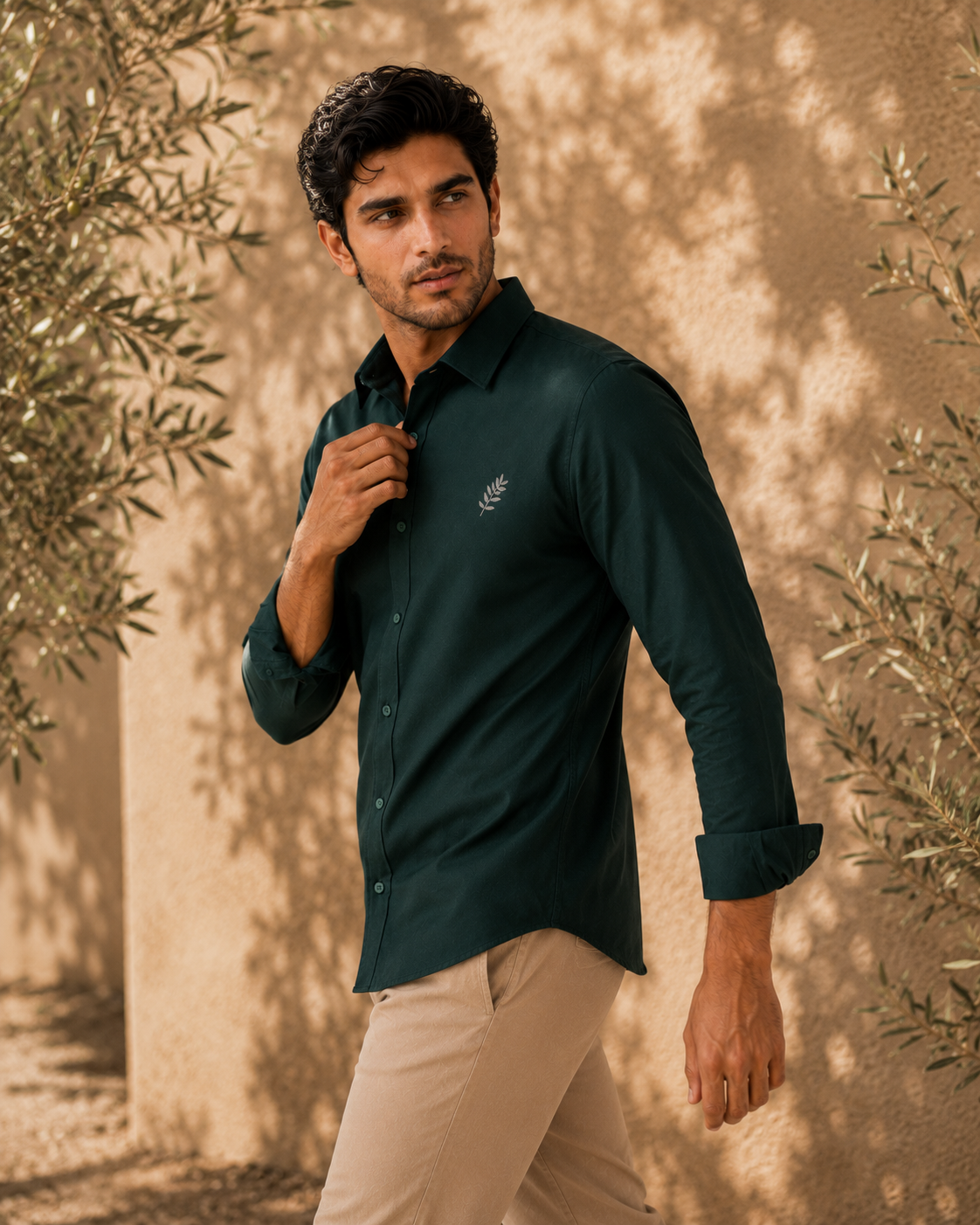 AmsterLily Men's Dark Green Cotton Shirt with Olive Branch Embroidery