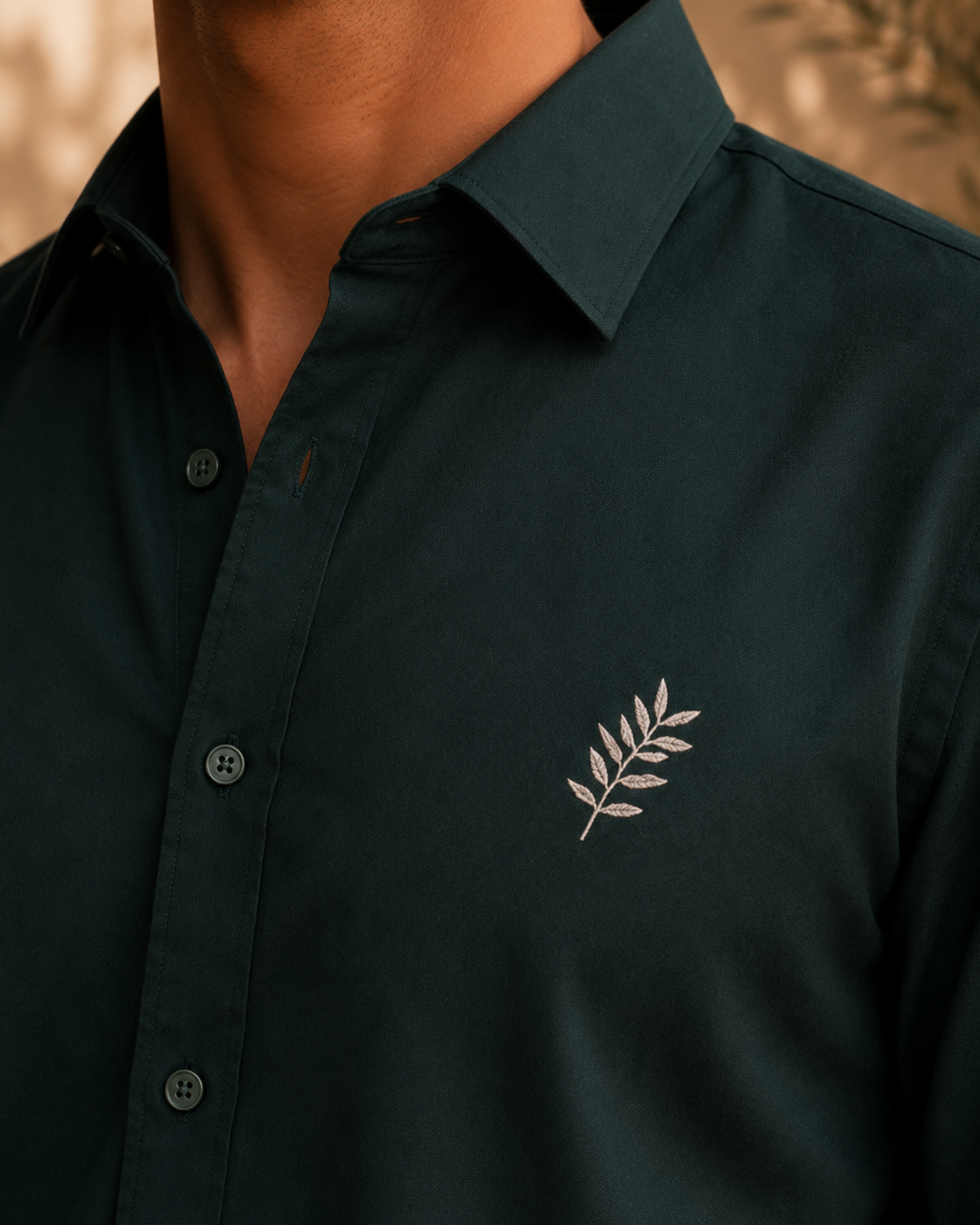 AmsterLily Men's Dark Green Cotton Shirt with Olive Branch Embroidery