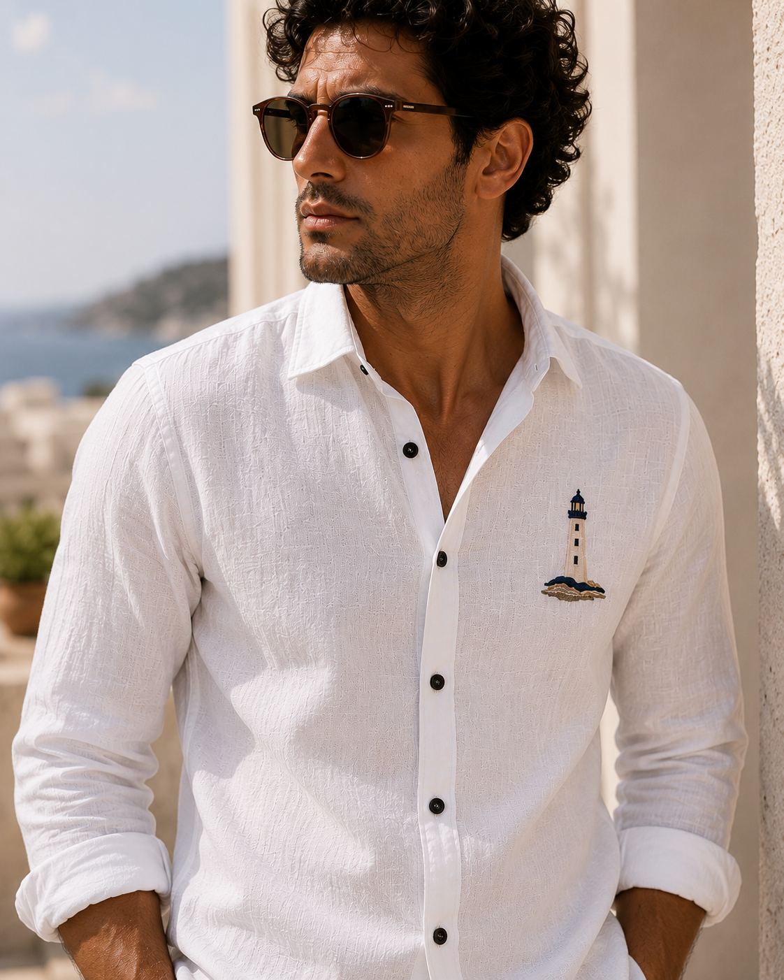 AmsterLily Coastal Beacon White Linen Blend Shirt