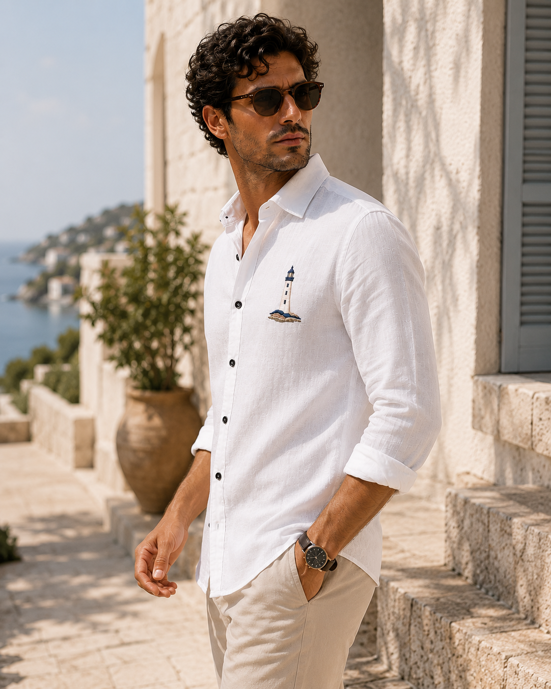 AmsterLily Coastal Beacon White Linen Blend Shirt