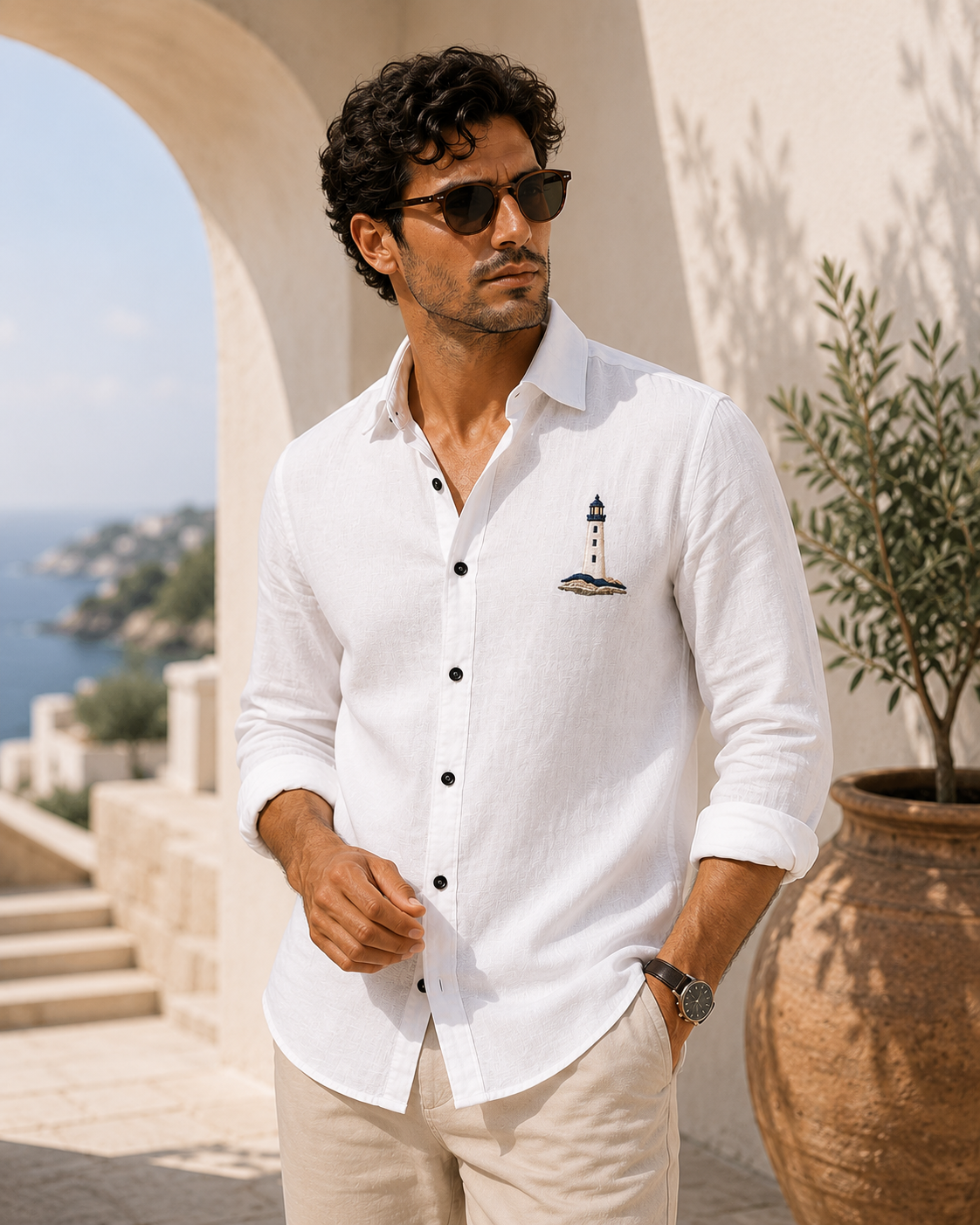 AmsterLily Coastal Beacon White Linen Blend Shirt