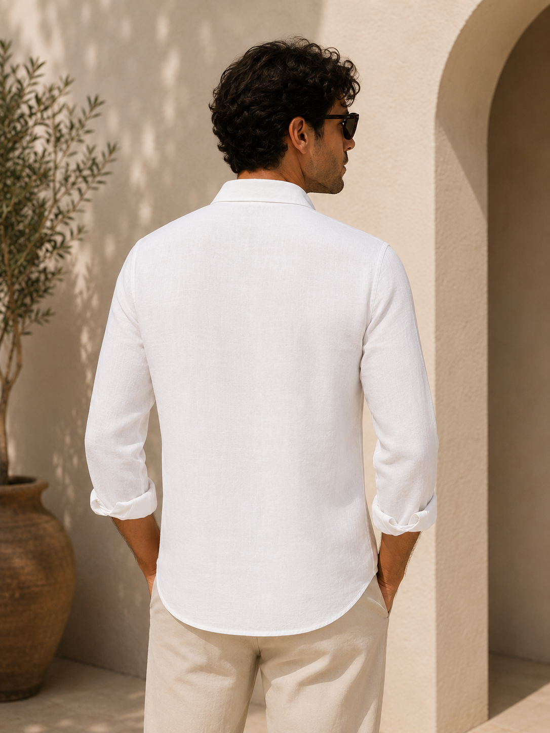 AmsterLily Coastal Beacon White Linen Blend Shirt