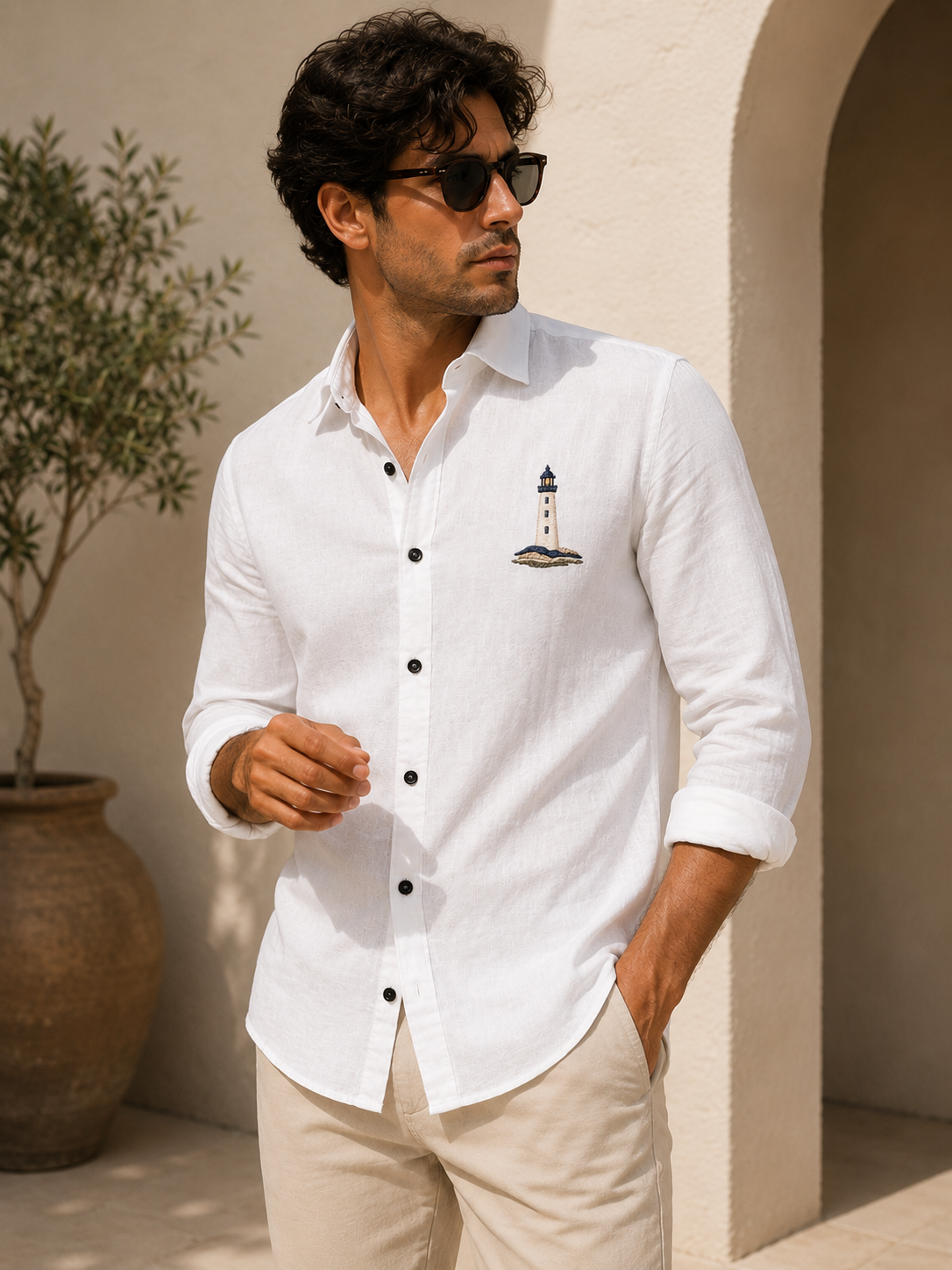 AmsterLily Coastal Beacon White Linen Blend Shirt